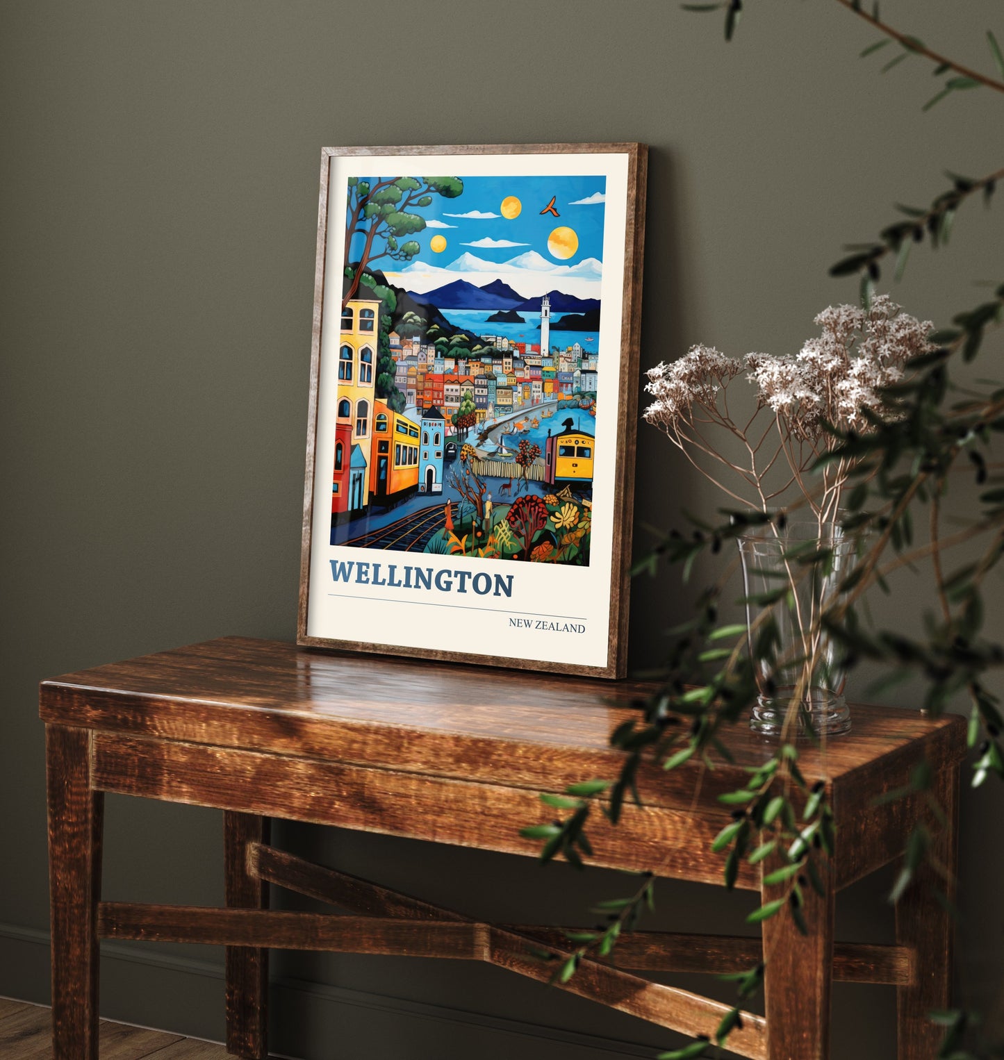 Wellington New Zealand Travel Poster - Art Print - Vibrant City Illustration - Hillside Houses Wall Art 2/3
