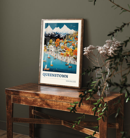 Queenstown New Zealand Travel Poster - Art Print - Vibrant Mountain Illustration - Lake Wall Art 3/3