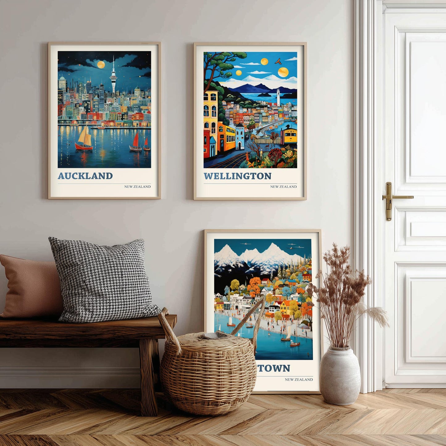New Zealand Set of Three Travel Posters - Auckland, Wellington, Queenstown - Vibrant Art Print Illustration Gift Wall Art