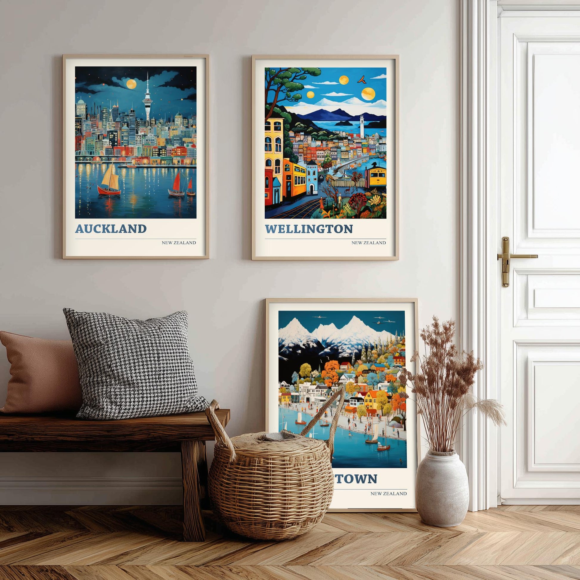 New Zealand Set of Three Travel Posters - Auckland, Wellington, Queenstown - Vibrant Art Print Illustration Gift Wall Art
