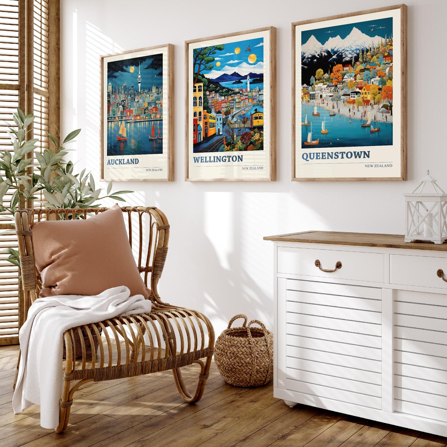 New Zealand Set of Three Travel Posters - Auckland, Wellington, Queenstown - Vibrant Art Print Illustration Gift Wall Art