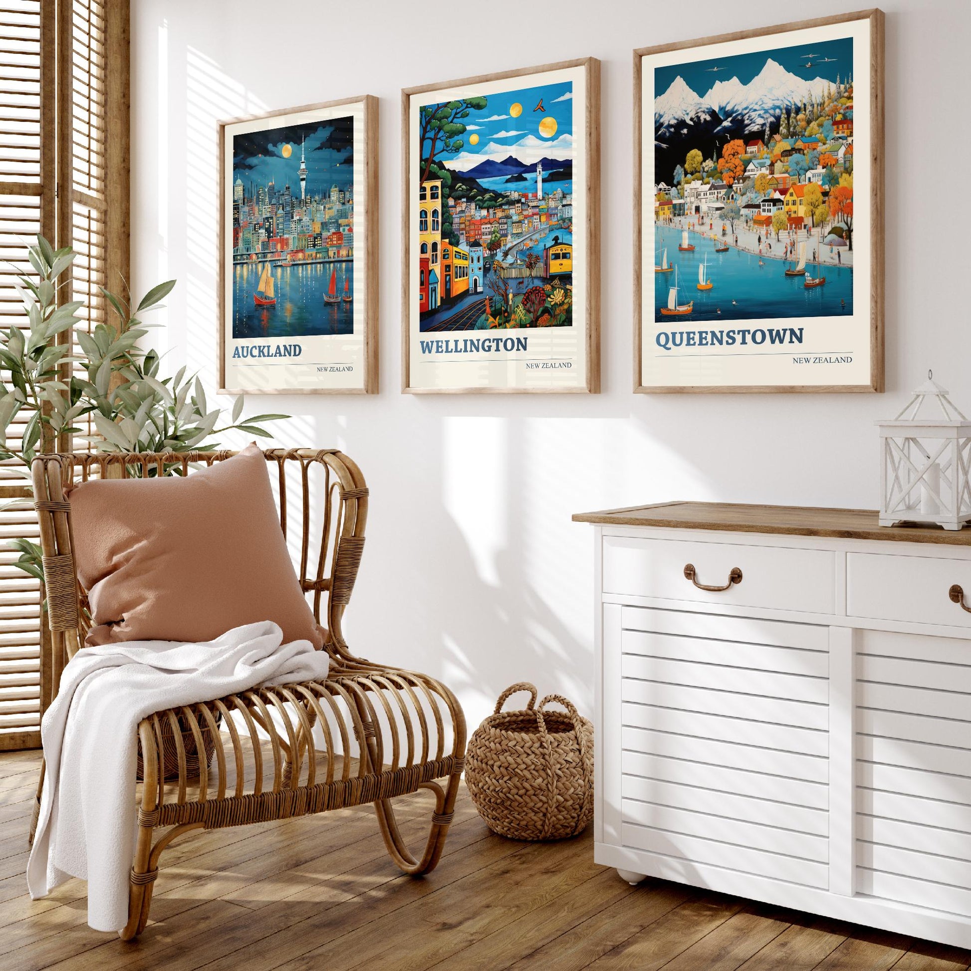 New Zealand Set of Three Travel Posters - Auckland, Wellington, Queenstown - Vibrant Art Print Illustration Gift Wall Art