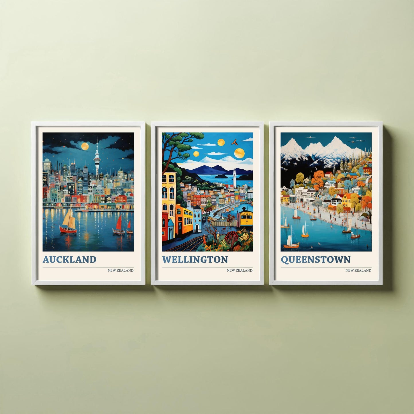 New Zealand Set of Three Travel Posters - Auckland, Wellington, Queenstown - Vibrant Art Print Illustration Gift Wall Art