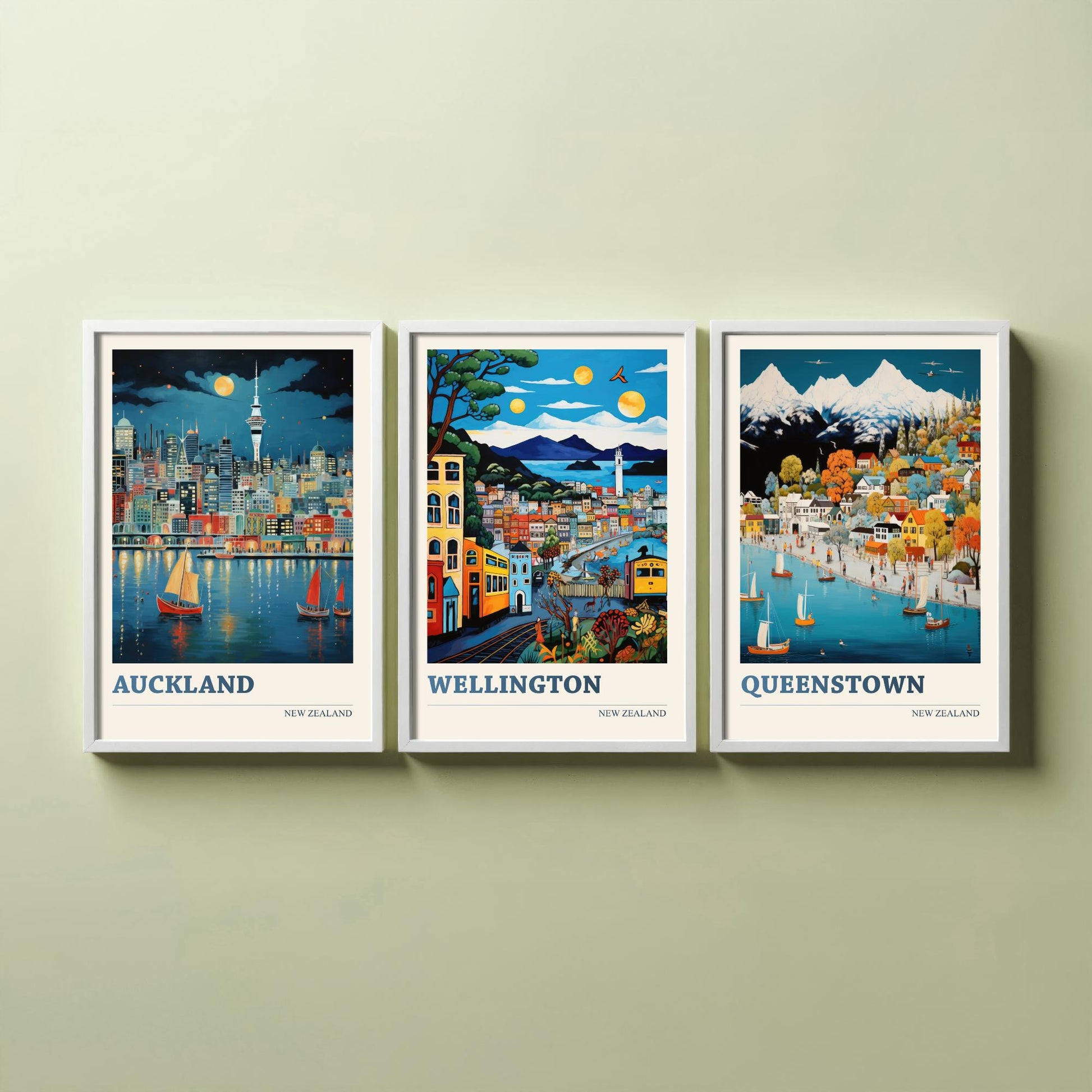 New Zealand Set of Three Travel Posters - Auckland, Wellington, Queenstown - Vibrant Art Print Illustration Gift Wall Art