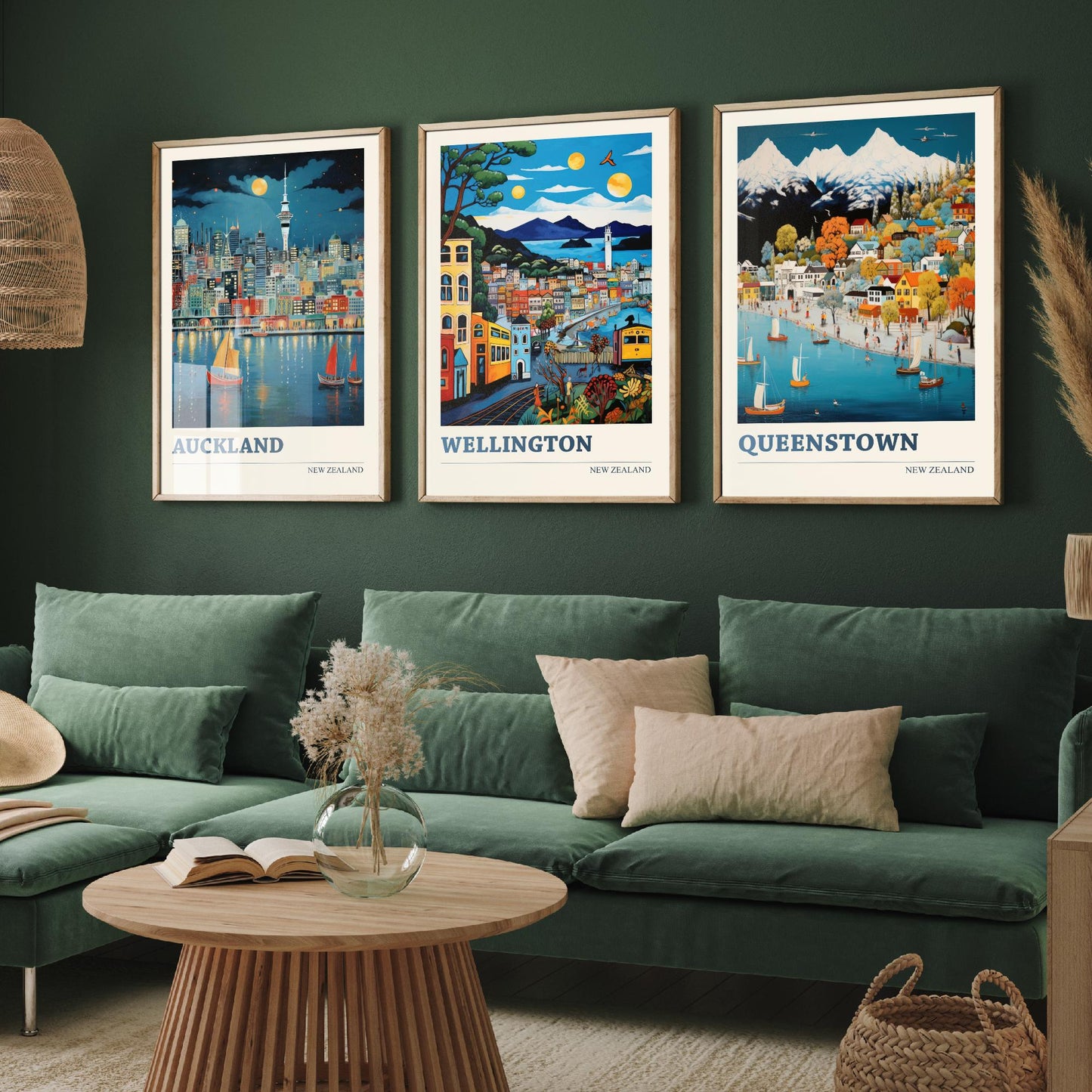 New Zealand Set of Three Travel Posters - Auckland, Wellington, Queenstown - Vibrant Art Print Illustration Gift Wall Art