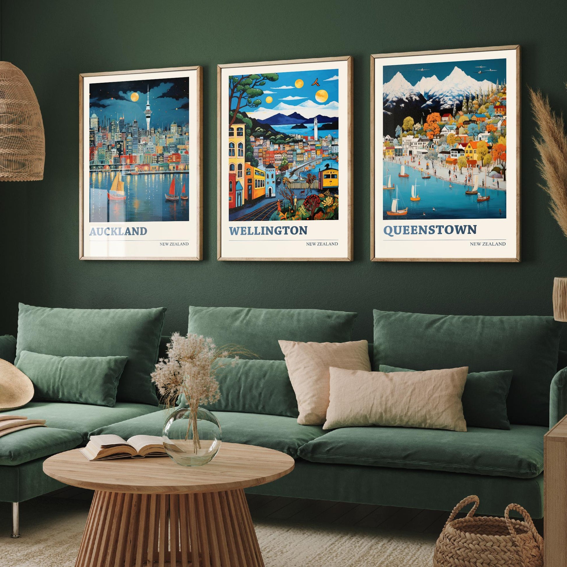 New Zealand Set of Three Travel Posters - Auckland, Wellington, Queenstown - Vibrant Art Print Illustration Gift Wall Art
