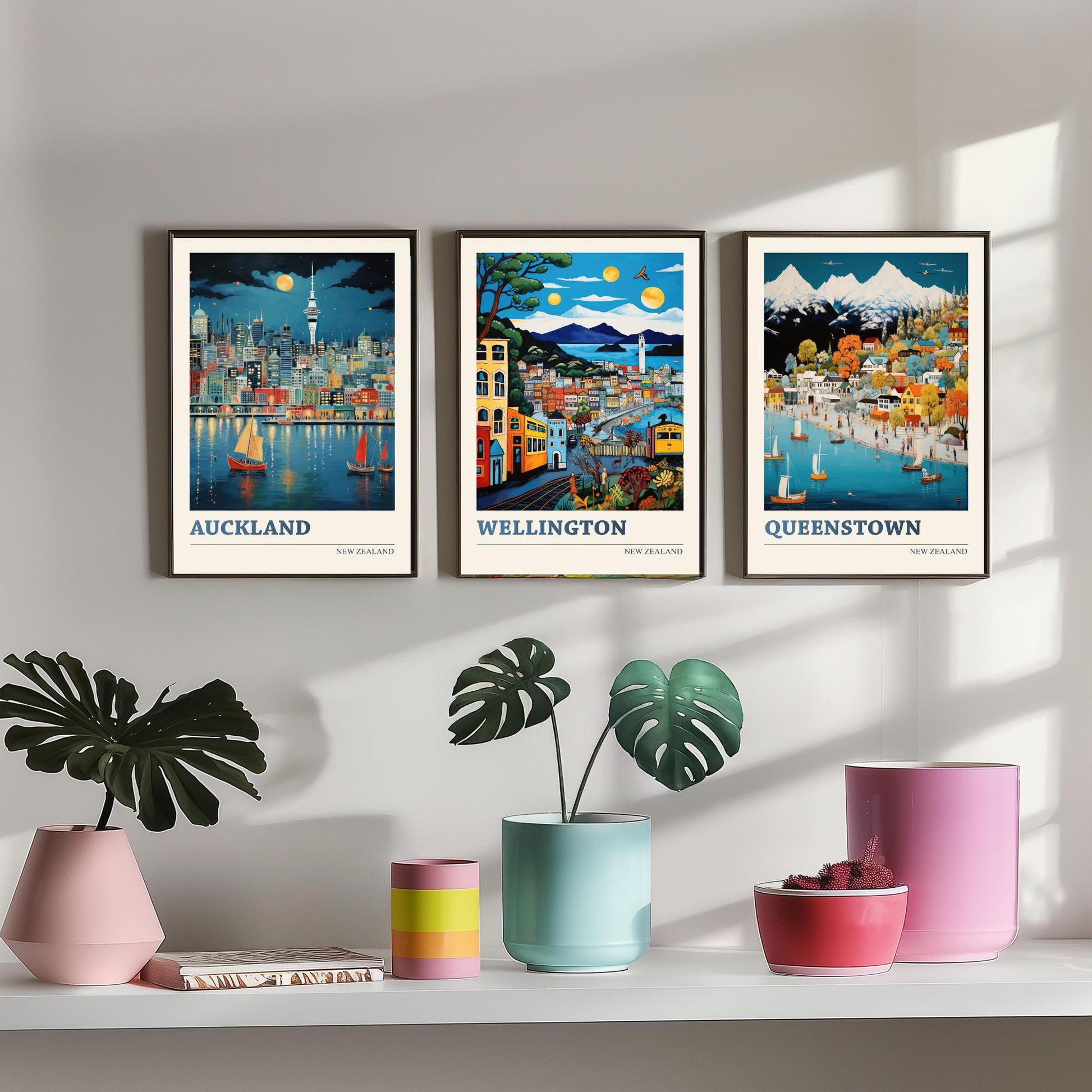 New Zealand Set of Three Travel Posters - Auckland, Wellington, Queenstown - Vibrant Art Print Illustration Gift Wall Art