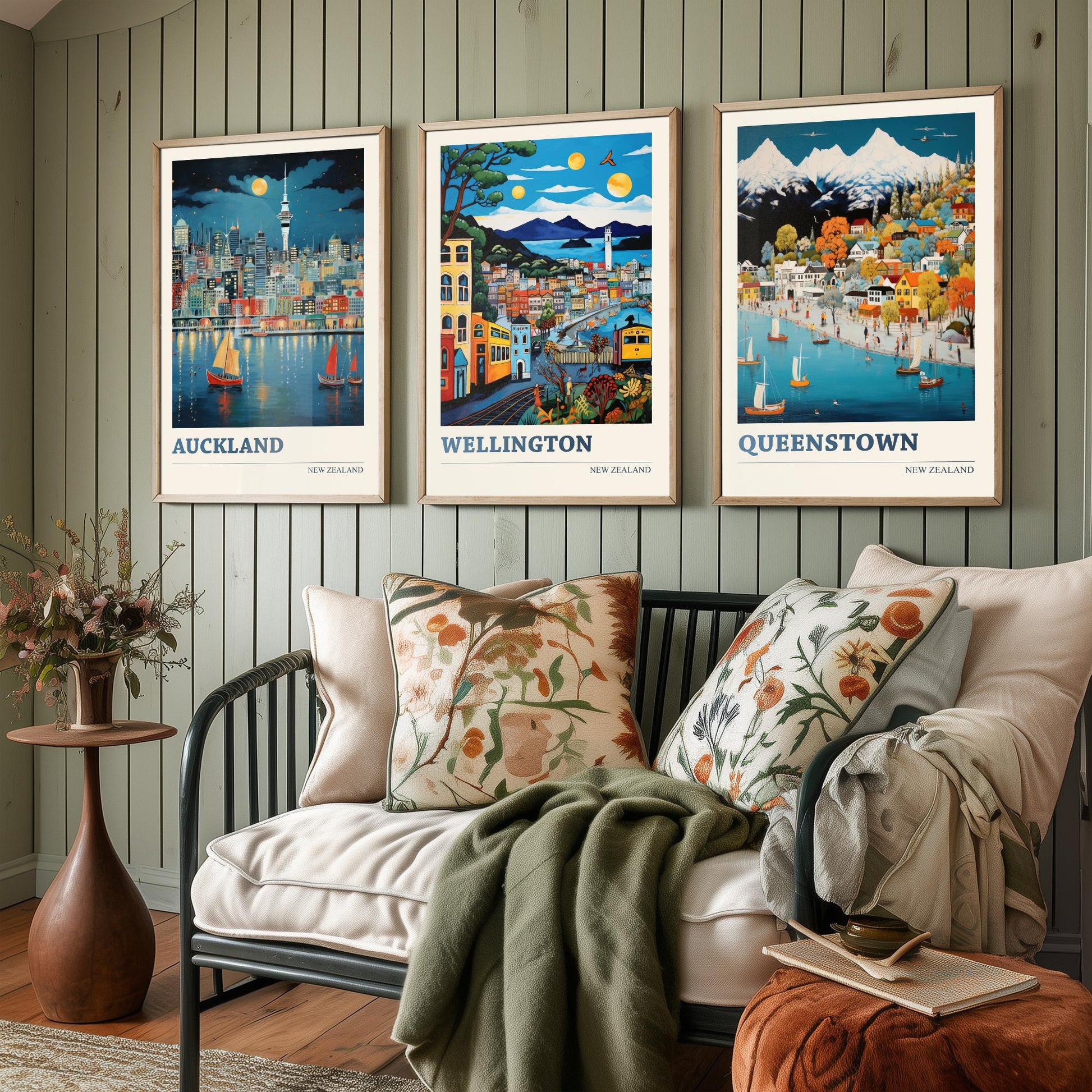 New Zealand Set of Three Travel Posters - Auckland, Wellington, Queenstown - Vibrant Art Print Illustration Gift Wall Art