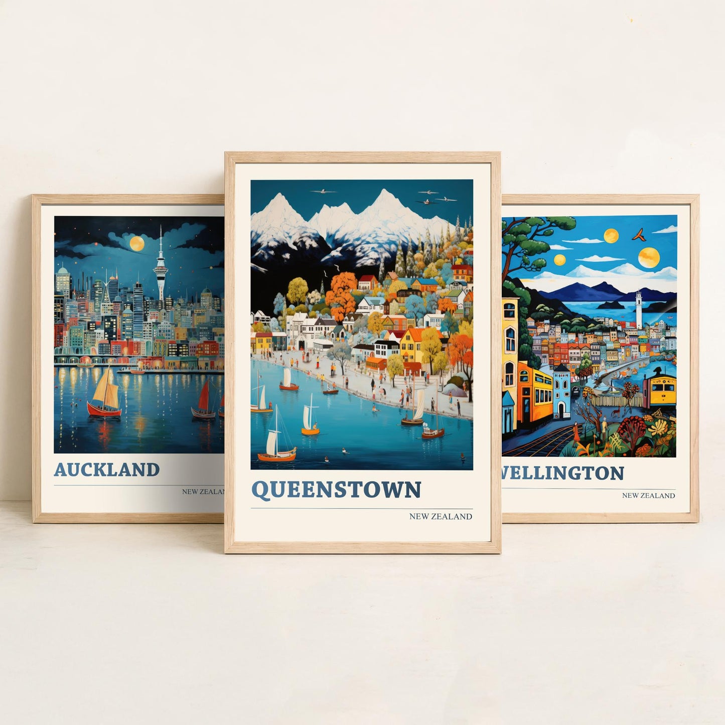 New Zealand Set of Three Travel Posters - Auckland, Wellington, Queenstown - Vibrant Art Print Illustration Gift Wall Art