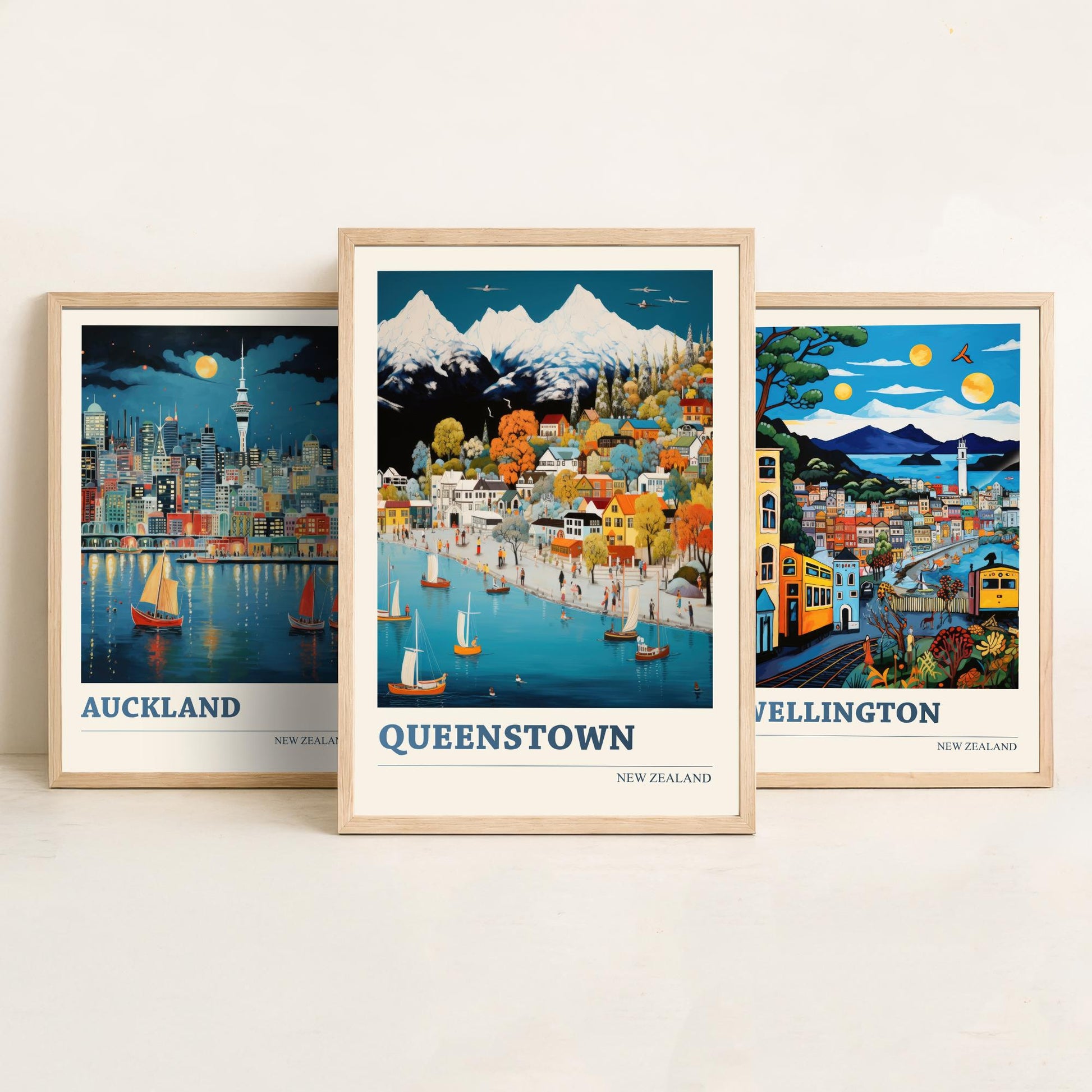 New Zealand Set of Three Travel Posters - Auckland, Wellington, Queenstown - Vibrant Art Print Illustration Gift Wall Art