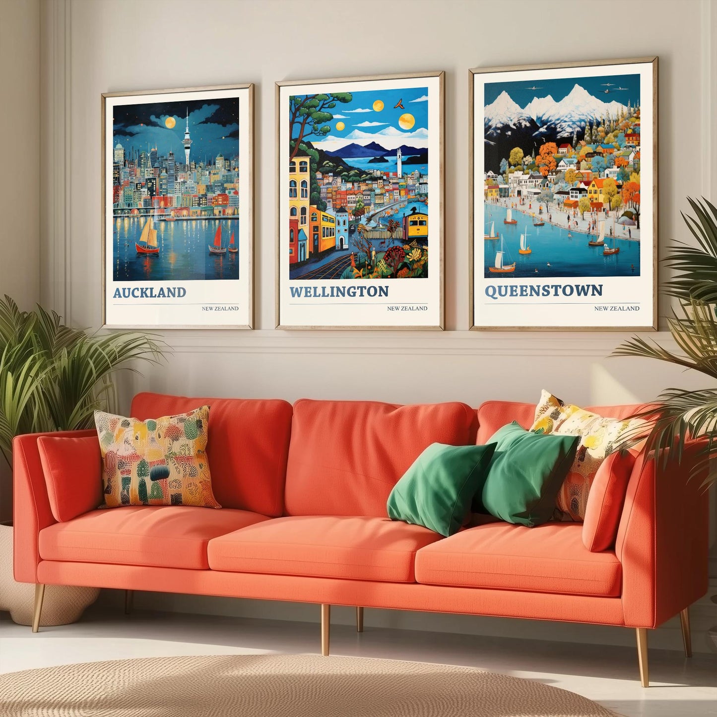New Zealand Set of Three Travel Posters - Auckland, Wellington, Queenstown - Vibrant Art Print Illustration Gift Wall Art