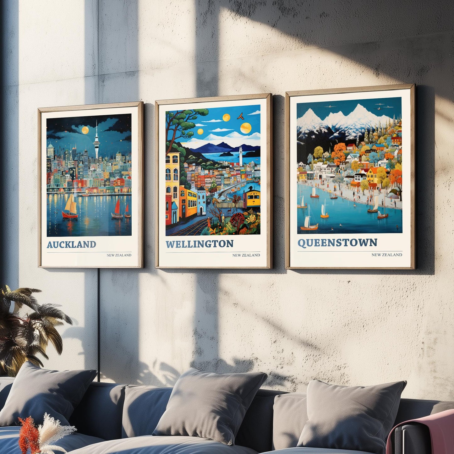 New Zealand Set of Three Travel Posters - Auckland, Wellington, Queenstown - Vibrant Art Print Illustration Gift Wall Art
