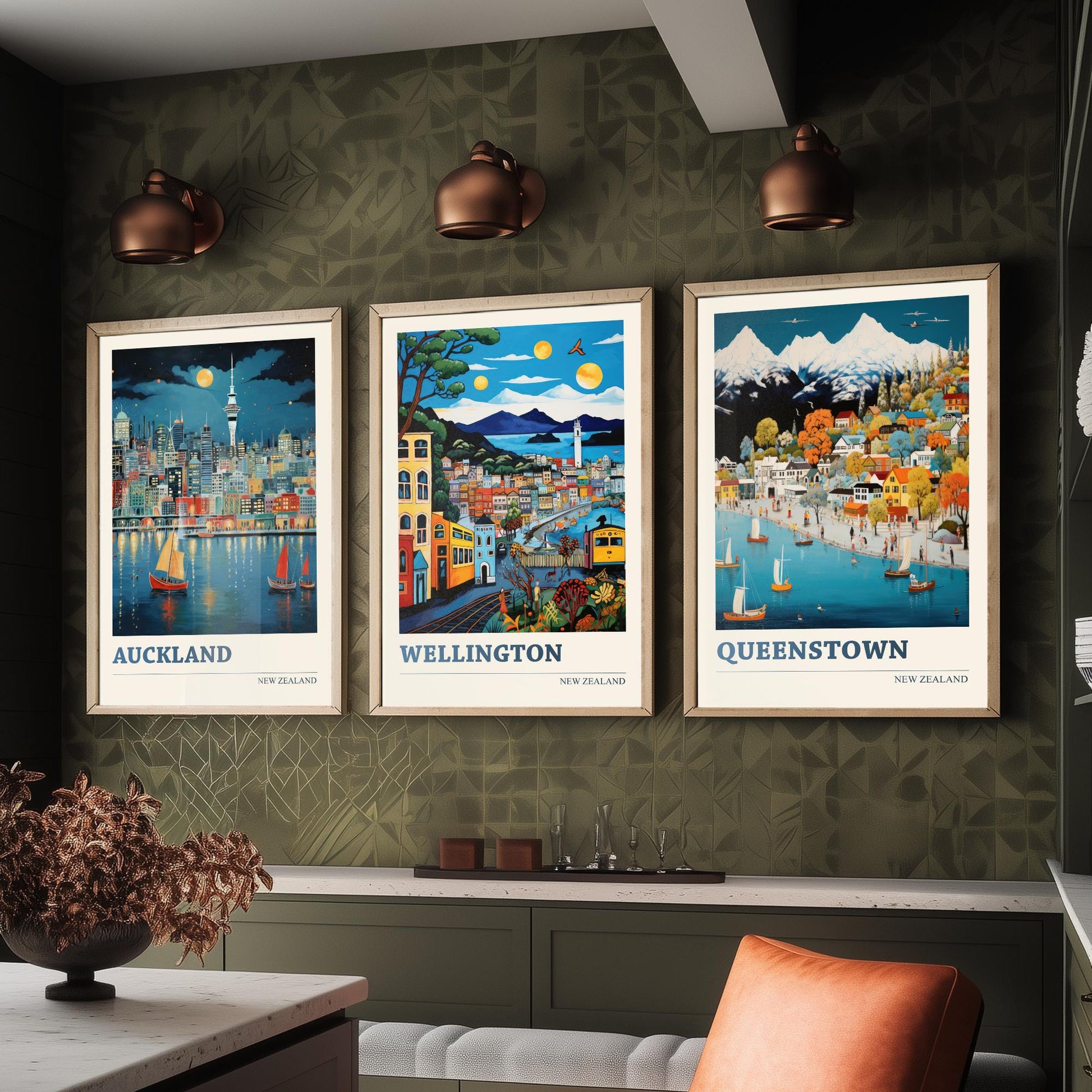 New Zealand Set of Three Travel Posters - Auckland, Wellington, Queenstown - Vibrant Art Print Illustration Gift Wall Art