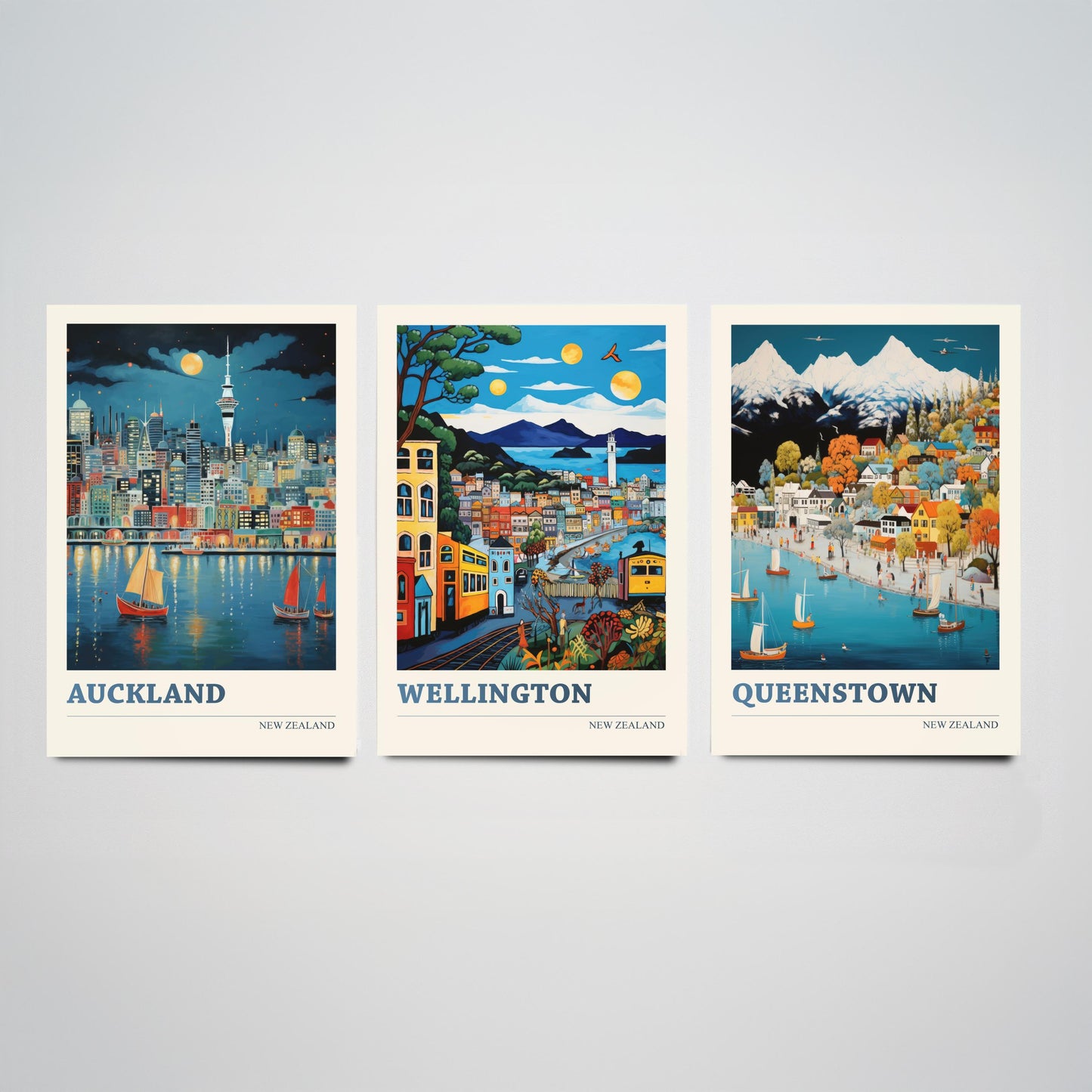 New Zealand Set of Three Travel Posters - Auckland, Wellington, Queenstown - Vibrant Art Print Illustration Gift Wall Art