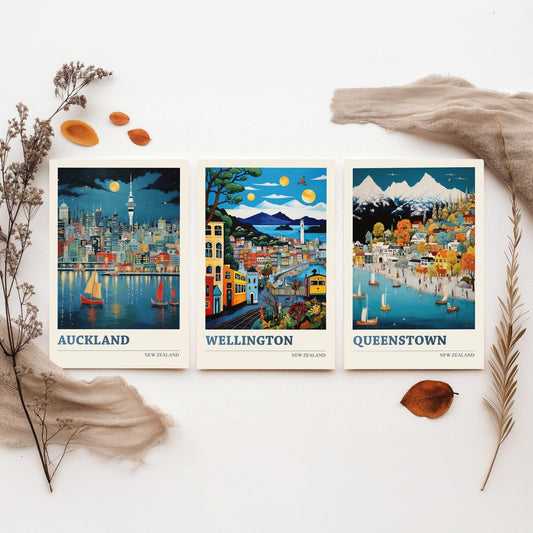 New Zealand Set of Three Travel Posters - Auckland, Wellington, Queenstown - Vibrant Art Print Illustration Gift Wall Art