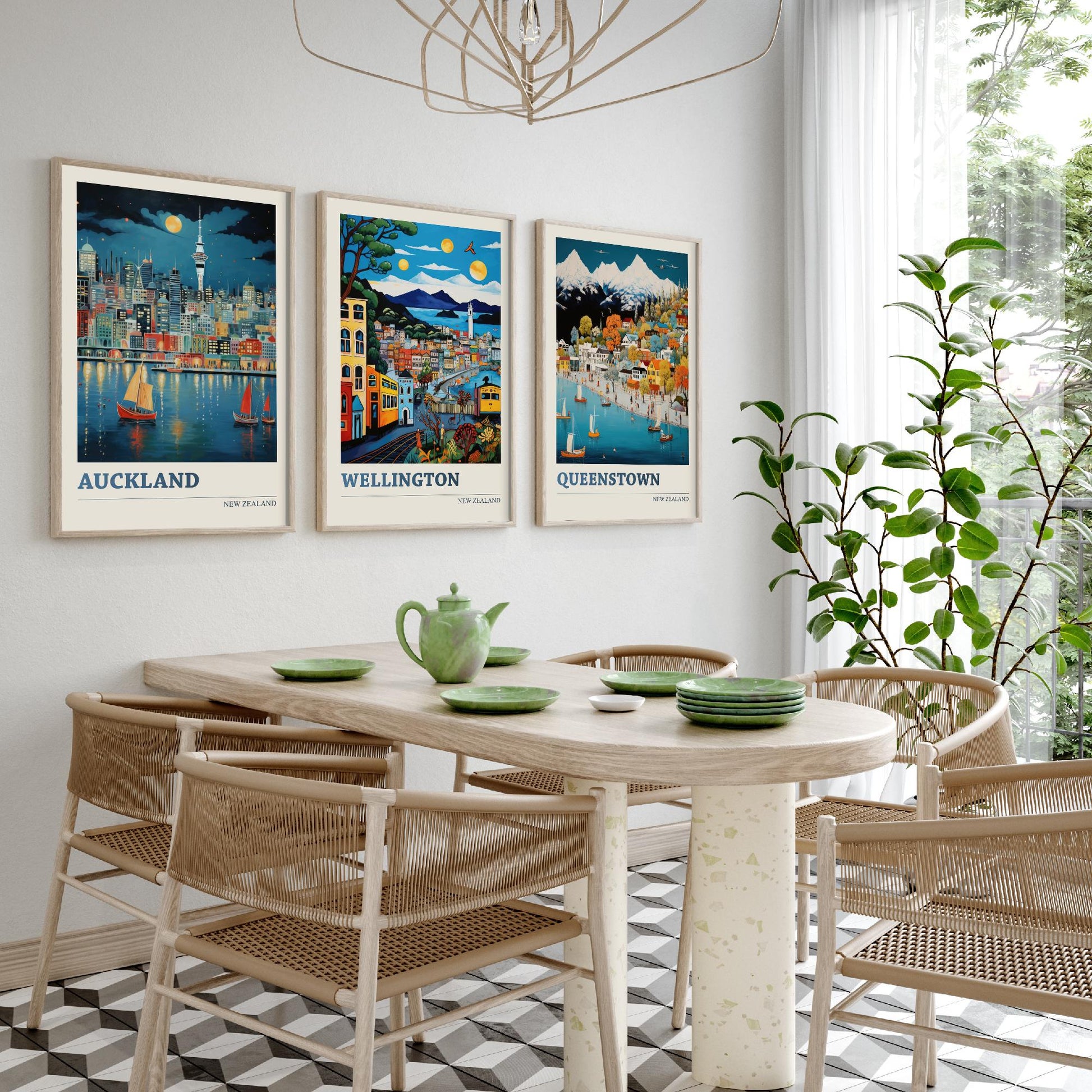 New Zealand Set of Three Travel Posters - Auckland, Wellington, Queenstown - Vibrant Art Print Illustration Gift Wall Art