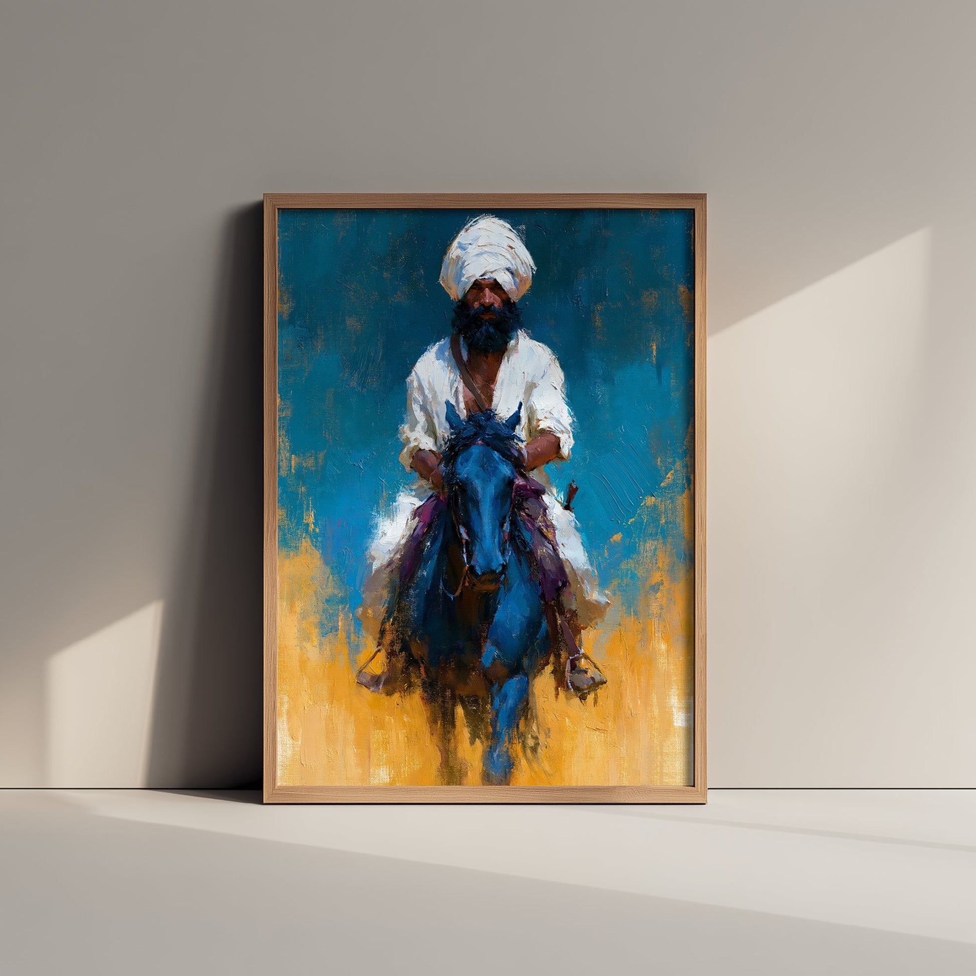 Nihang Sikh Warrior Art Print - Horseback Painting - Punjabi Sikh Poster V1