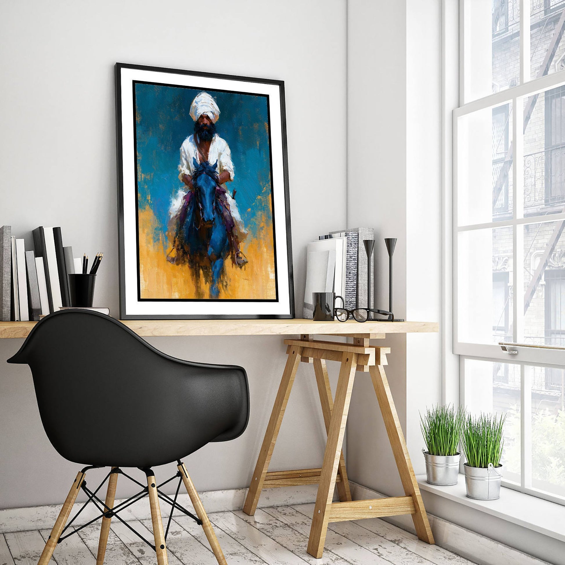 Nihang Sikh Warrior Art Print - Horseback Painting - Punjabi Sikh Poster V1