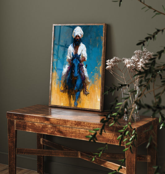 Nihang Sikh Warrior Art Print - Horseback Painting - Punjabi Sikh Poster V1