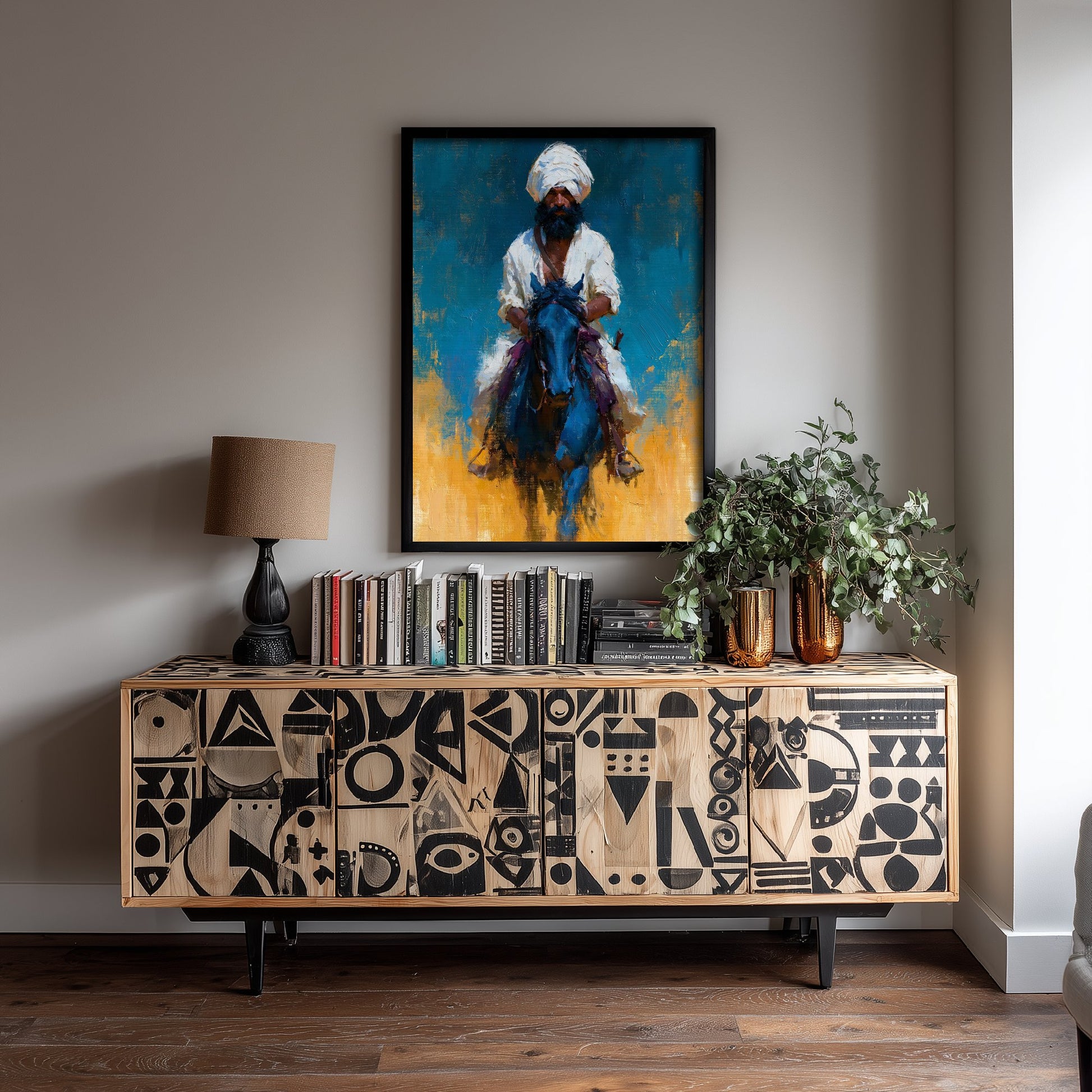 Nihang Sikh Warrior Art Print - Horseback Painting - Punjabi Sikh Poster V1