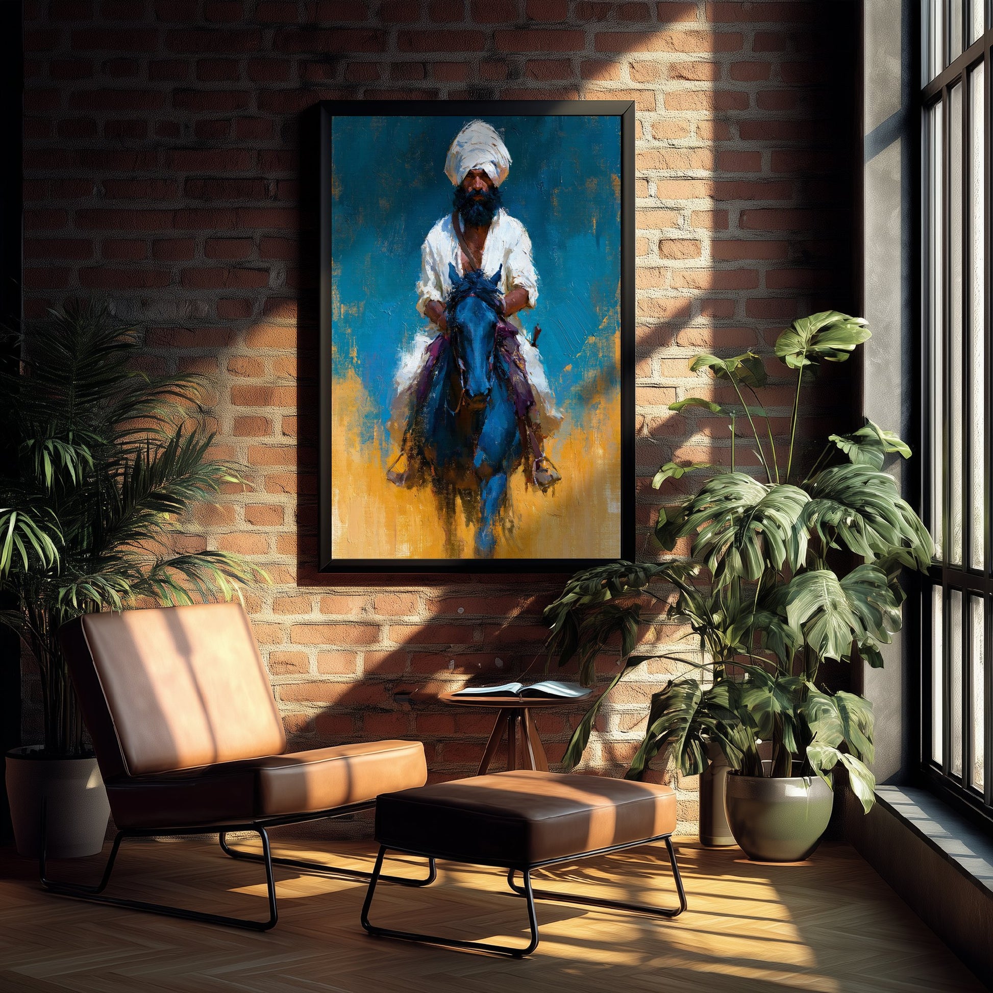 Nihang Sikh Warrior Art Print - Horseback Painting - Punjabi Sikh Poster V1