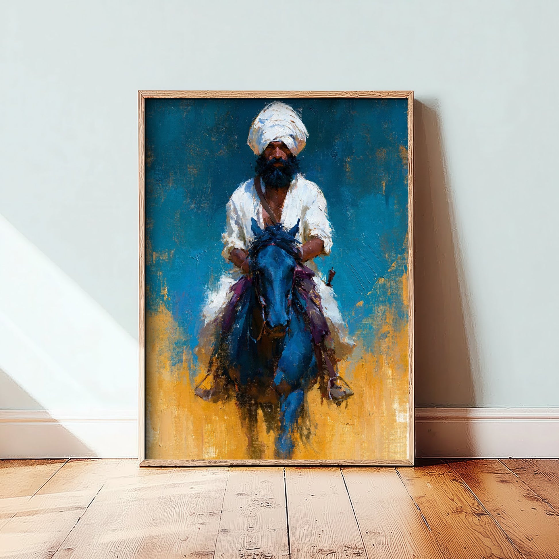 Nihang Sikh Warrior Art Print - Horseback Painting - Punjabi Sikh Poster V1