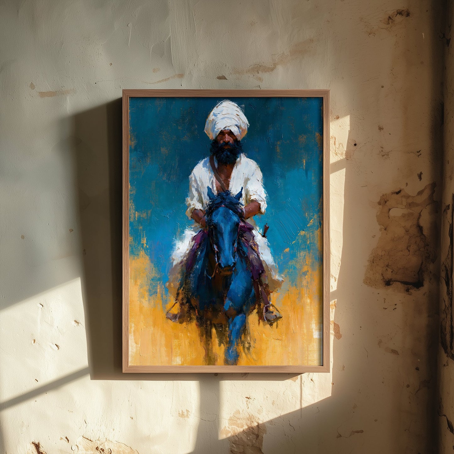 Nihang Sikh Warrior Art Print - Horseback Painting - Punjabi Sikh Poster V1