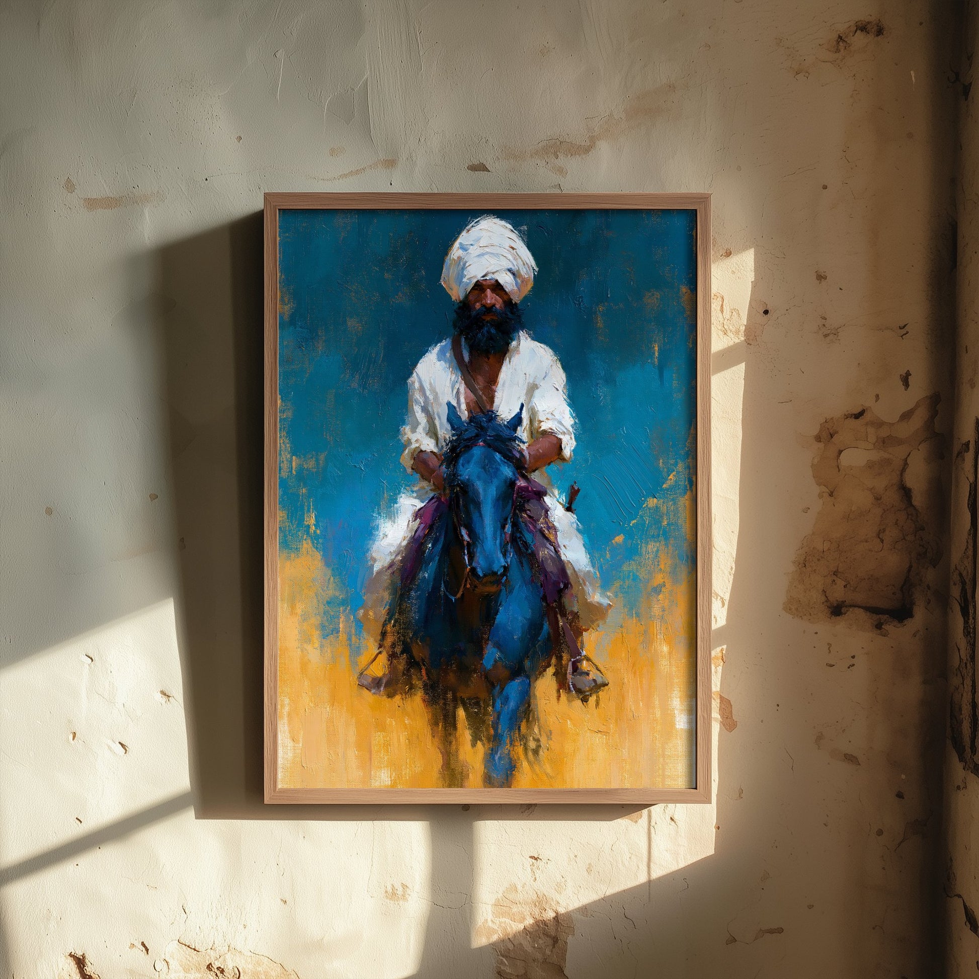 Nihang Sikh Warrior Art Print - Horseback Painting - Punjabi Sikh Poster V1