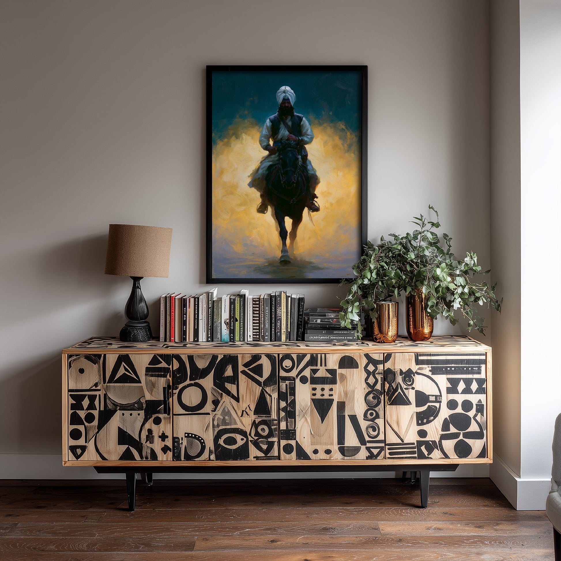 Nihang Sikh Warrior Art Print - Horseback Painting - Khalsa Rider Poster V2