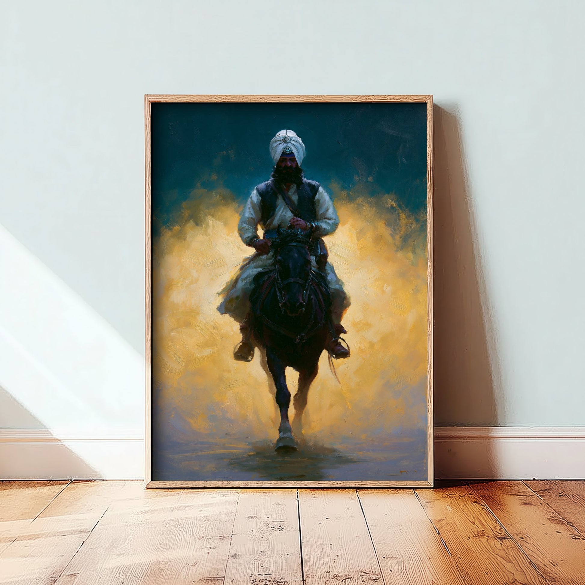 Nihang Sikh Warrior Art Print - Horseback Painting - Khalsa Rider Poster V2