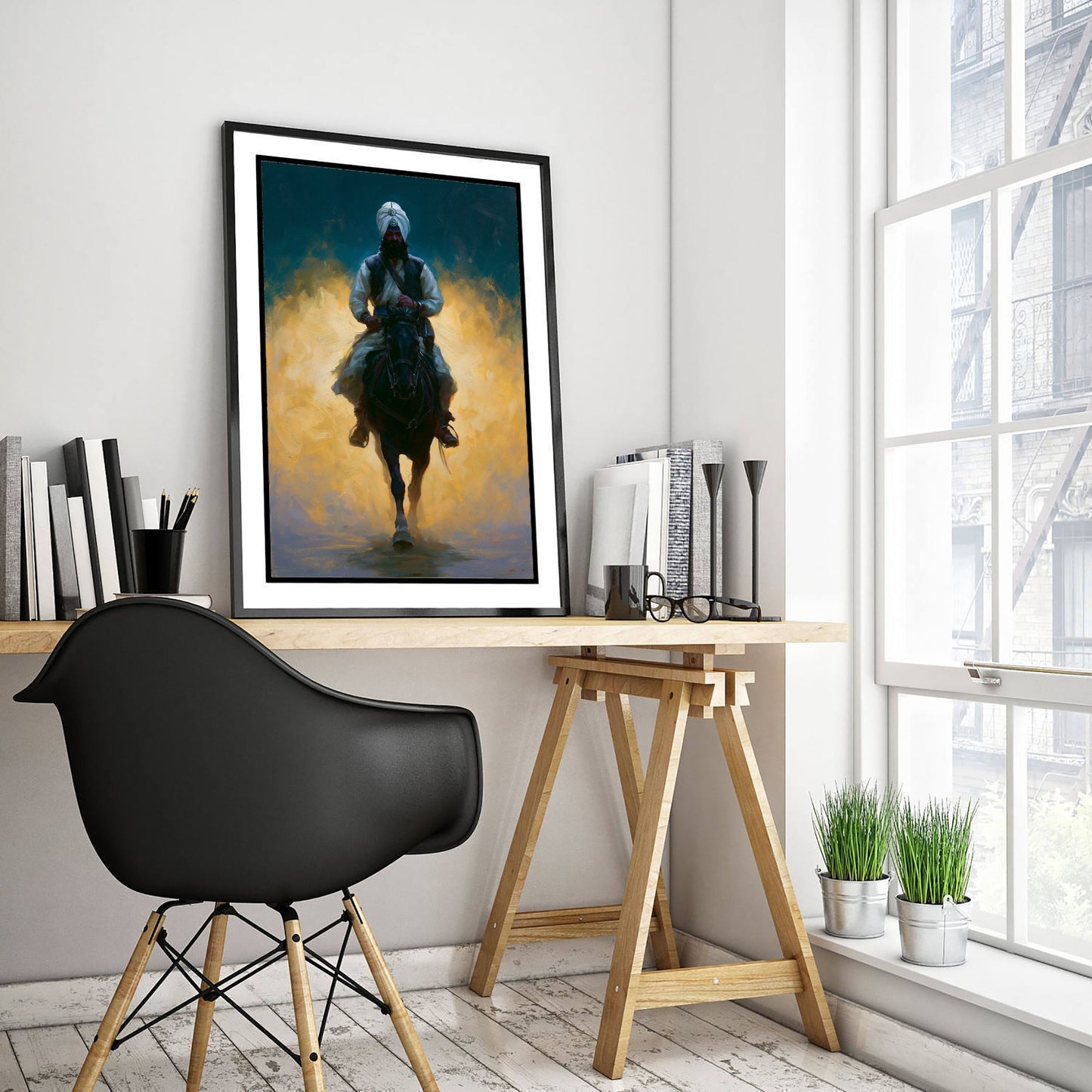 Nihang Sikh Warrior Art Print - Horseback Painting - Khalsa Rider Poster V2