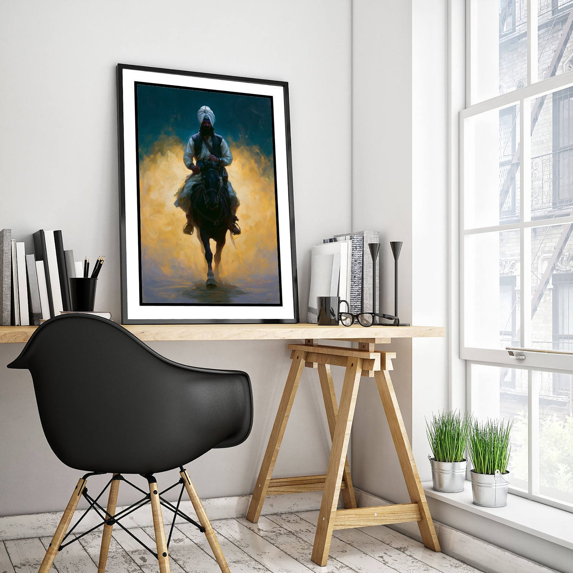 Nihang Sikh Warrior Art Print - Horseback Painting - Khalsa Rider Poster V2