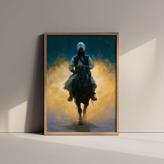 Nihang Sikh Warrior Art Print - Horseback Painting - Khalsa Rider Poster V2