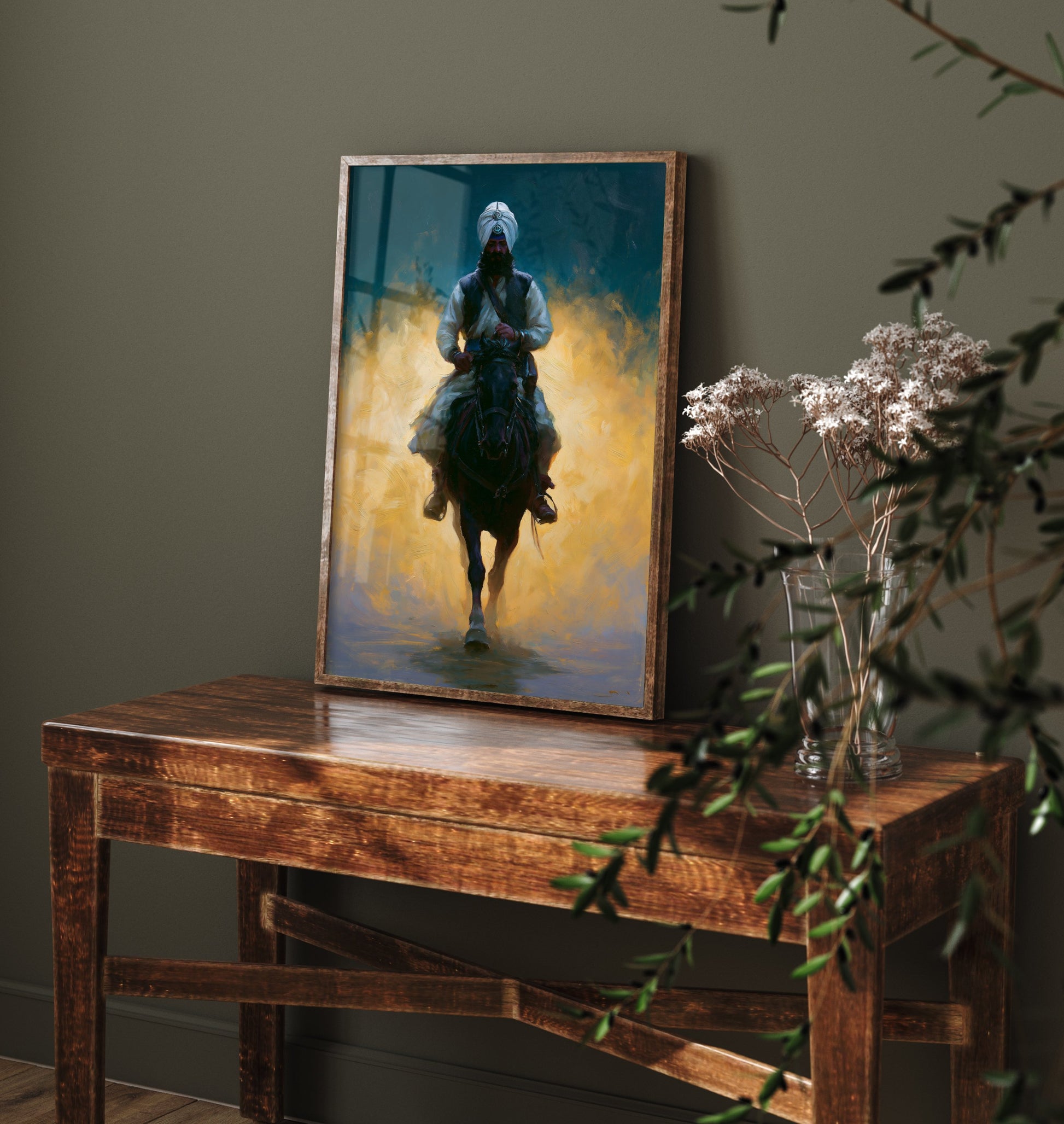 Nihang Sikh Warrior Art Print - Horseback Painting - Khalsa Rider Poster V2