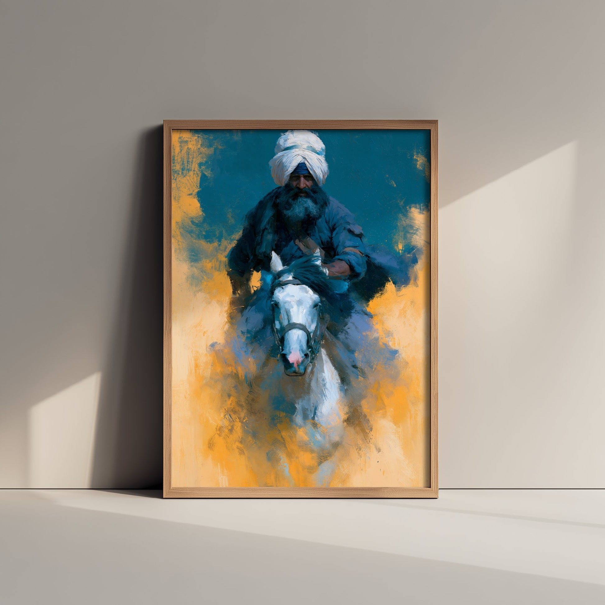 Nihang Sikh Warrior Art Print - White Horse Painting - Punjab Rider Poster V3