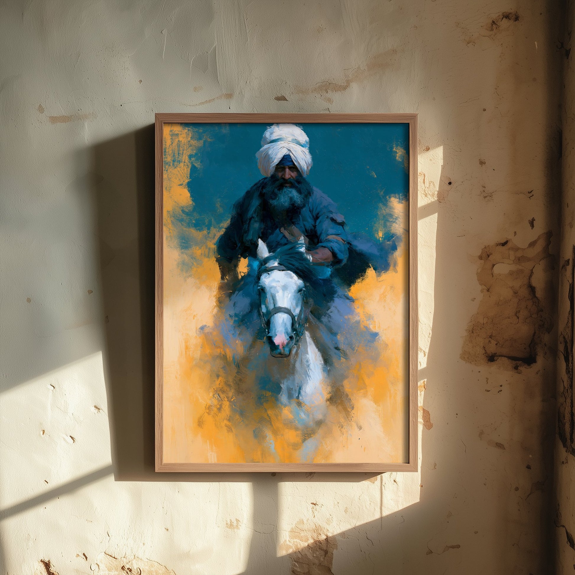 Nihang Sikh Warrior Art Print - White Horse Painting - Punjab Rider Poster V3