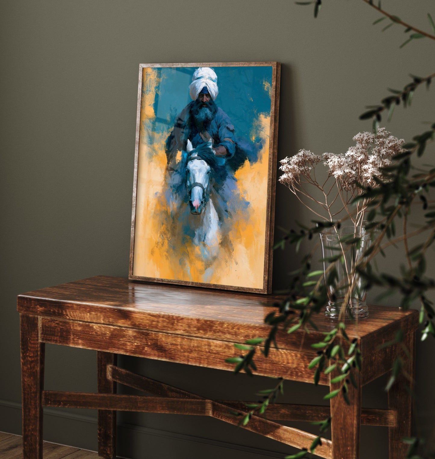 Nihang Sikh Warrior Art Print - White Horse Painting - Punjab Rider Poster V3