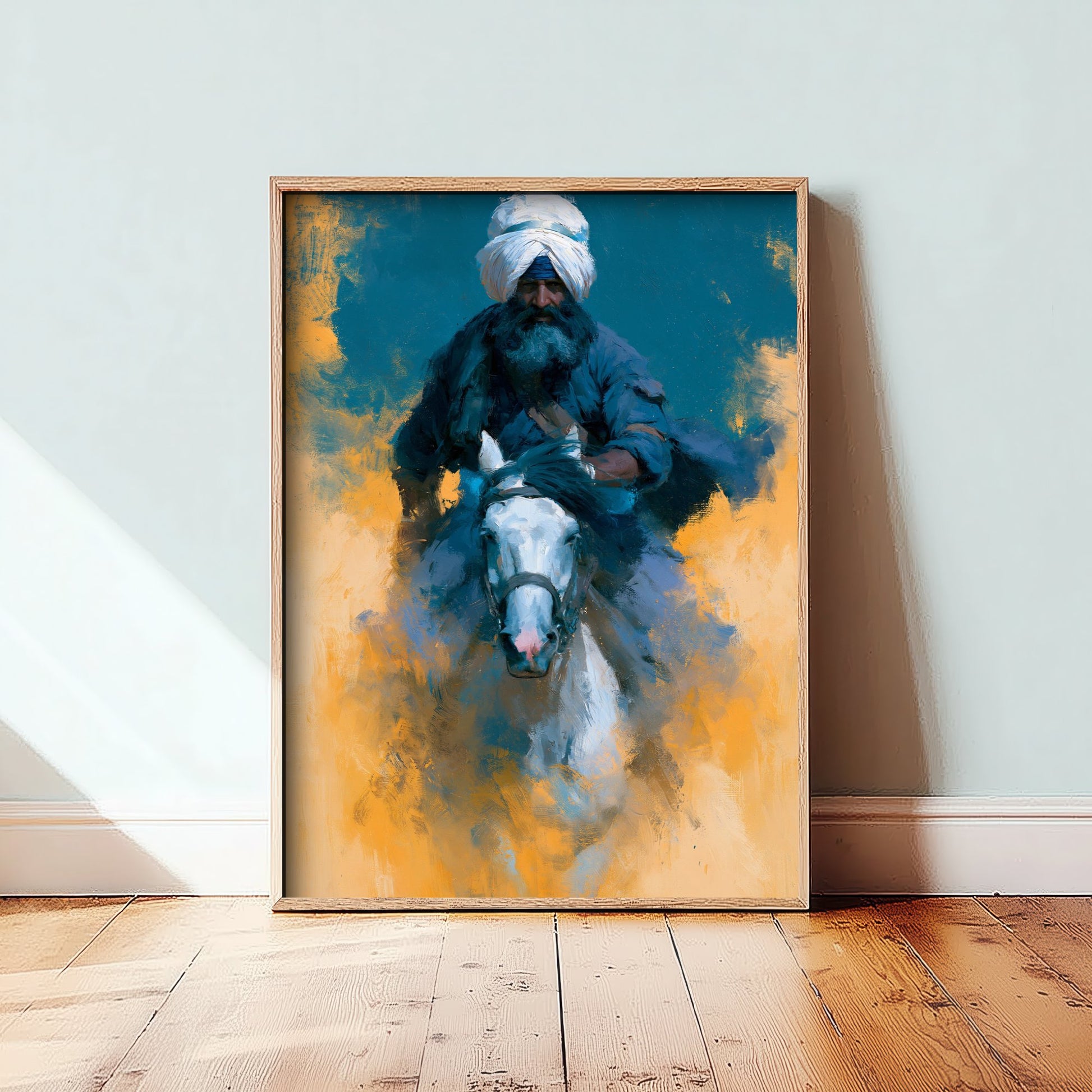 Nihang Sikh Warrior Art Print - White Horse Painting - Punjab Rider Poster V3