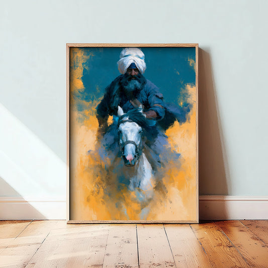 Nihang Sikh Warrior Art Print - White Horse Painting - Punjab Rider Poster V3