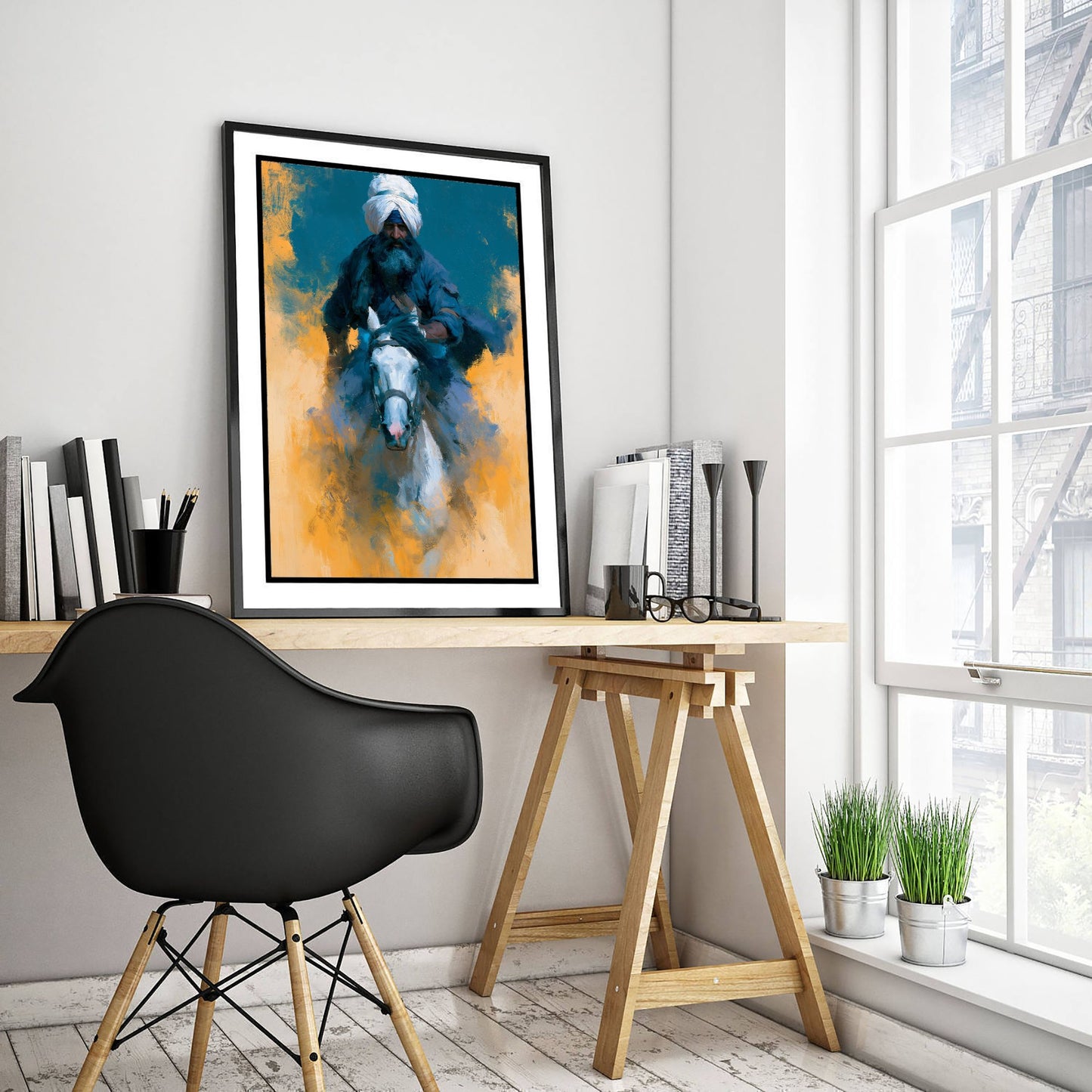 Nihang Sikh Warrior Art Print - White Horse Painting - Punjab Rider Poster V3