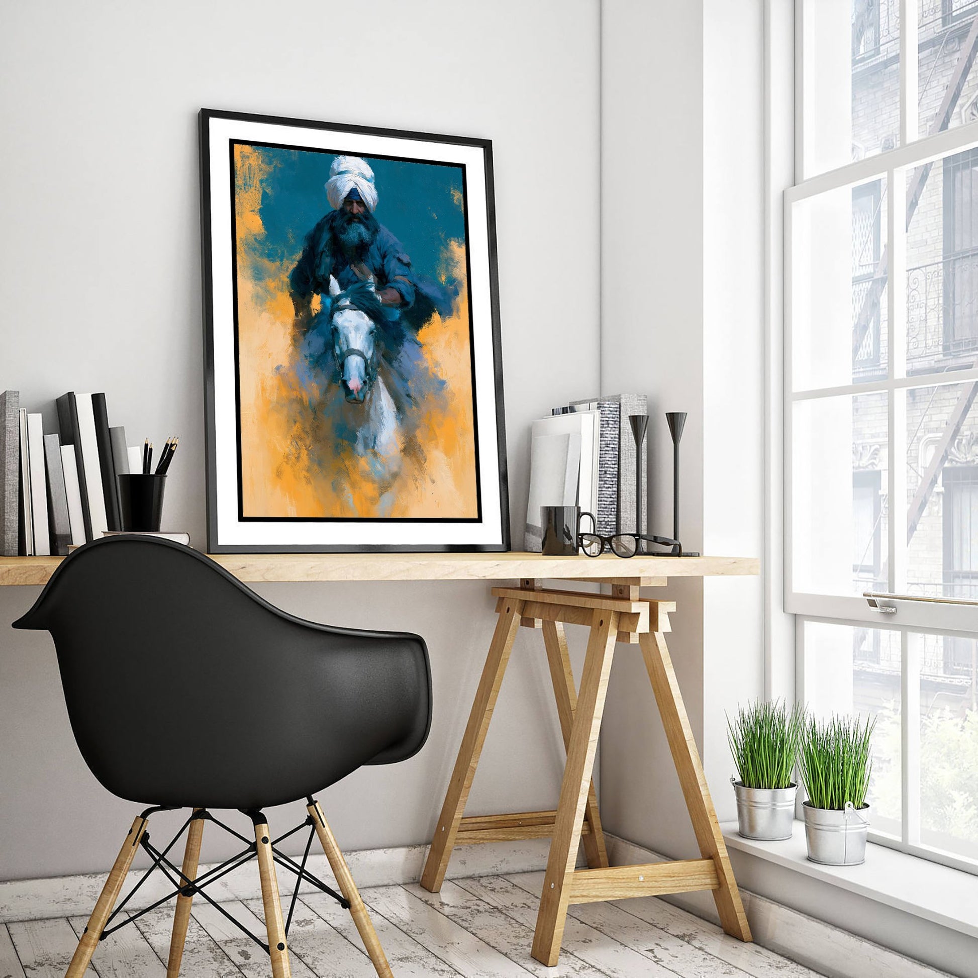 Nihang Sikh Warrior Art Print - White Horse Painting - Punjab Rider Poster V3