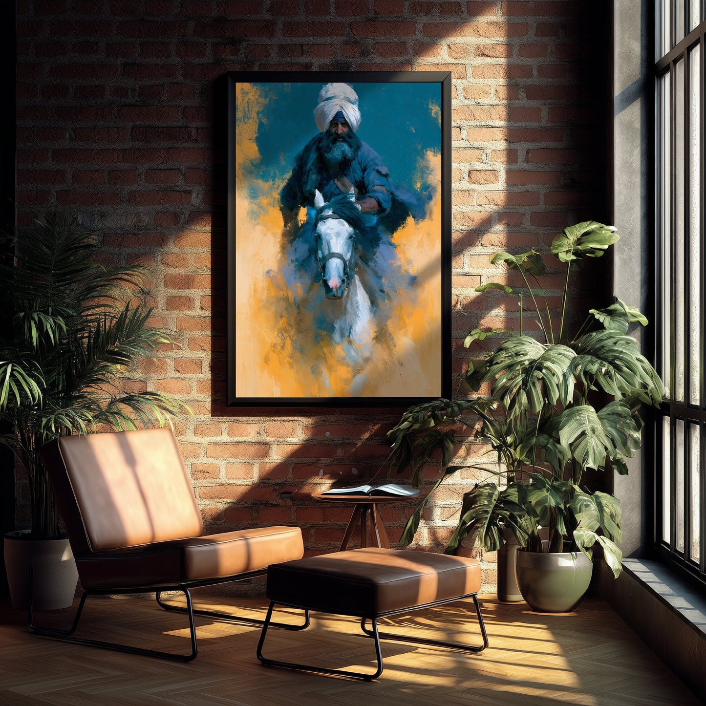 Nihang Sikh Warrior Art Print - White Horse Painting - Punjab Rider Poster V3