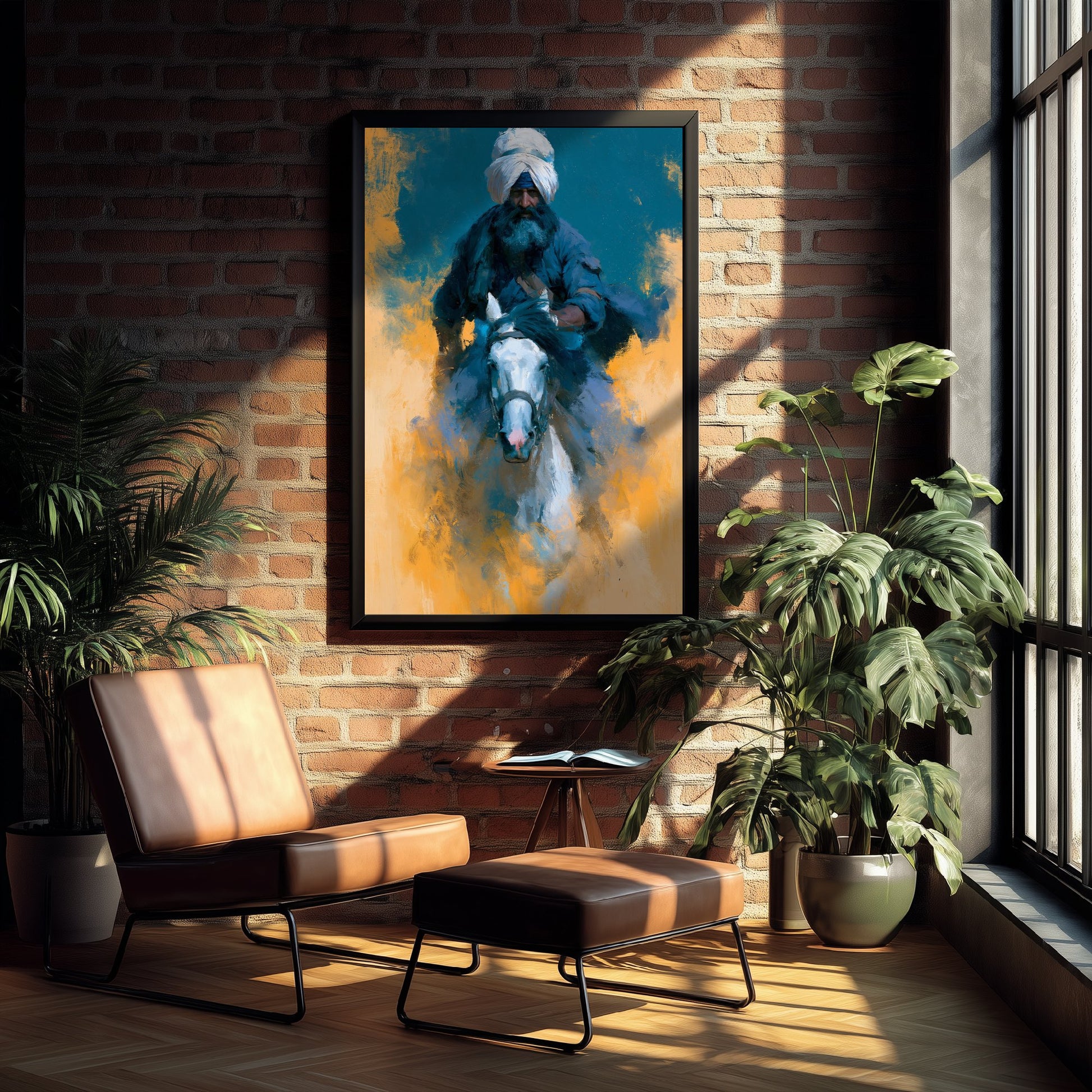 Nihang Sikh Warrior Art Print - White Horse Painting - Punjab Rider Poster V3