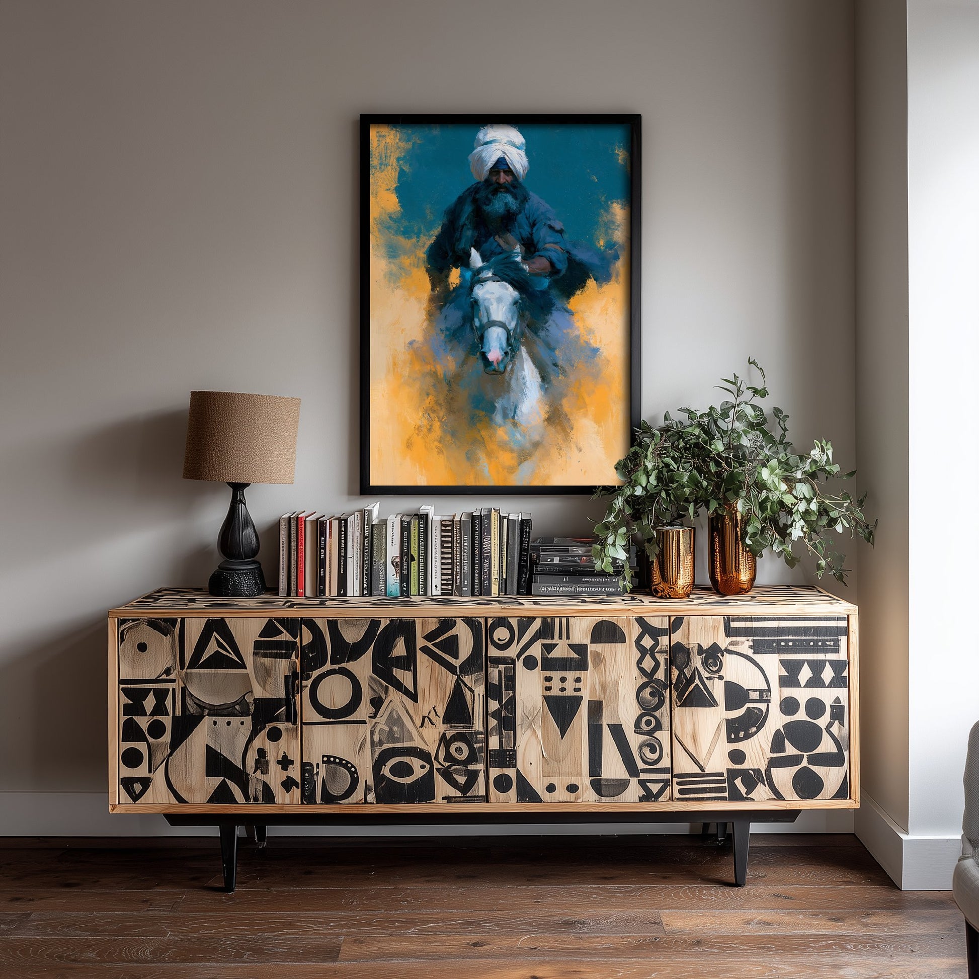 Nihang Sikh Warrior Art Print - White Horse Painting - Punjab Rider Poster V3