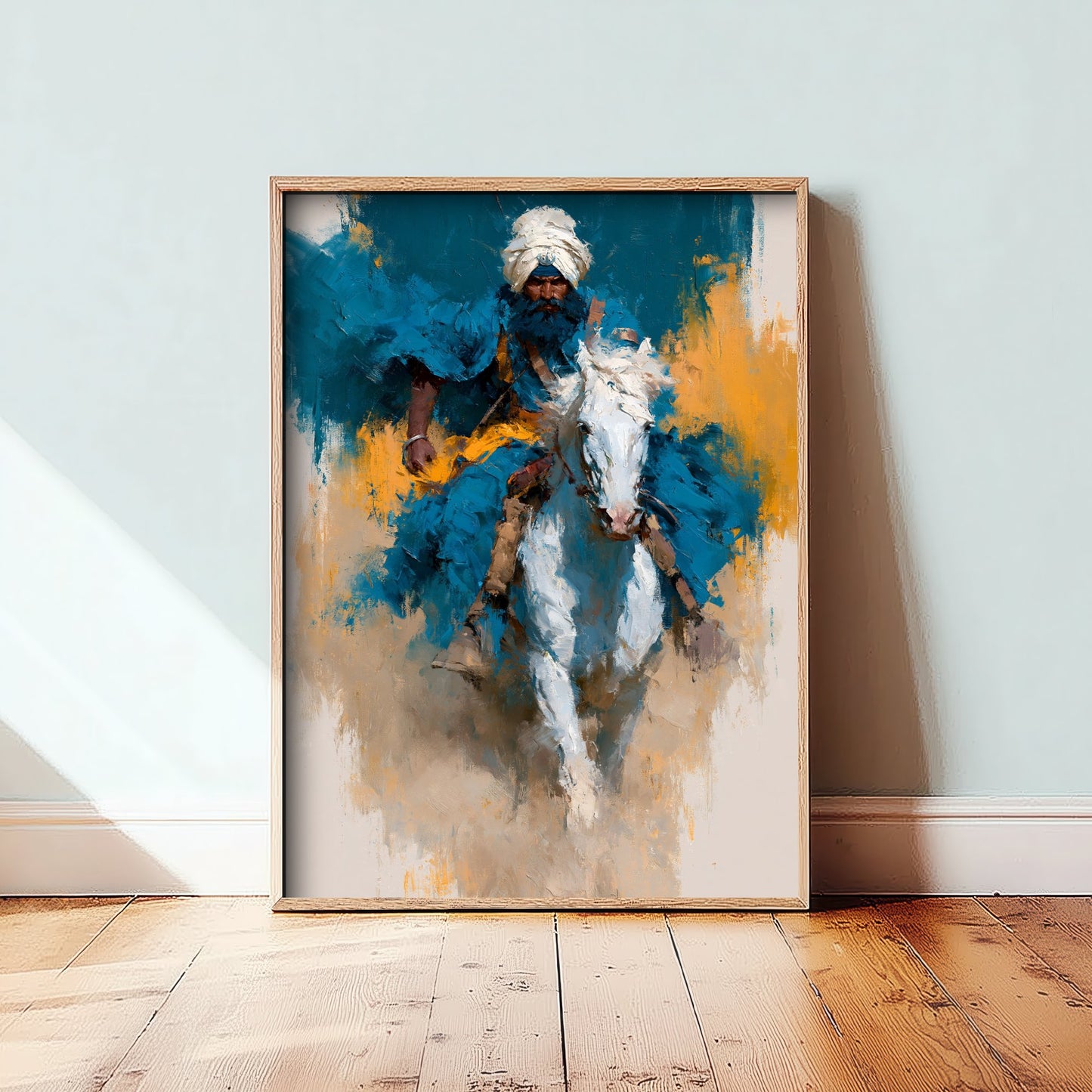 Nihang Sikh Warrior Art Print - Horseback Painting - Singh Rider Poster V5
