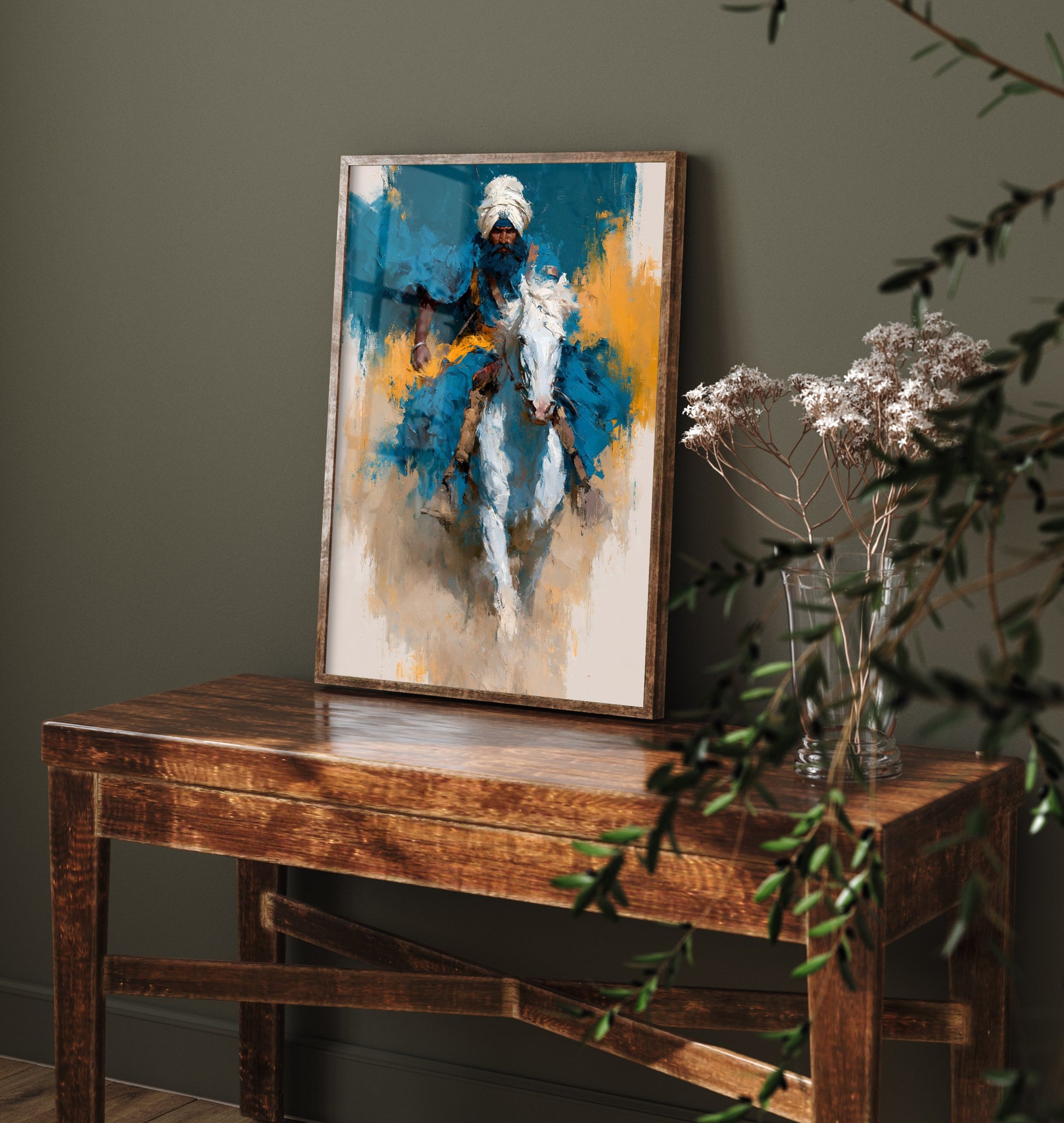 Nihang Sikh Warrior Art Print - Horseback Painting - Singh Rider Poster V5
