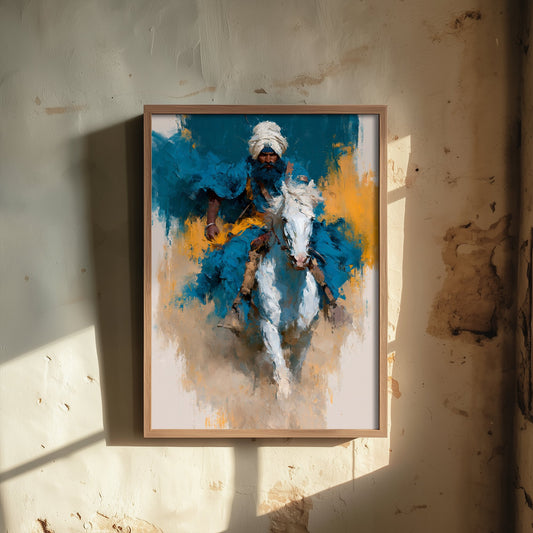 Nihang Sikh Warrior Art Print - Horseback Painting - Singh Rider Poster V5
