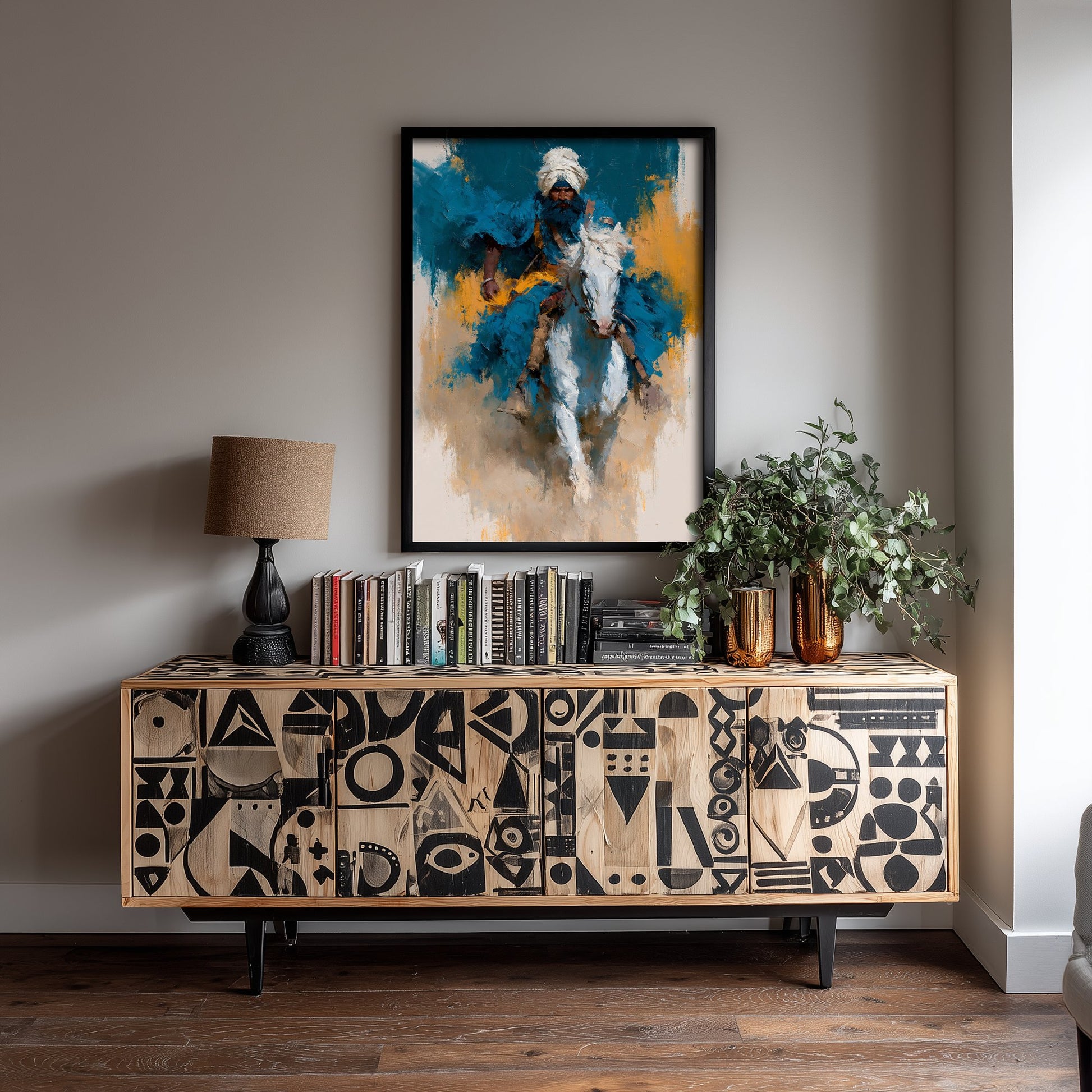 Nihang Sikh Warrior Art Print - Horseback Painting - Singh Rider Poster V5