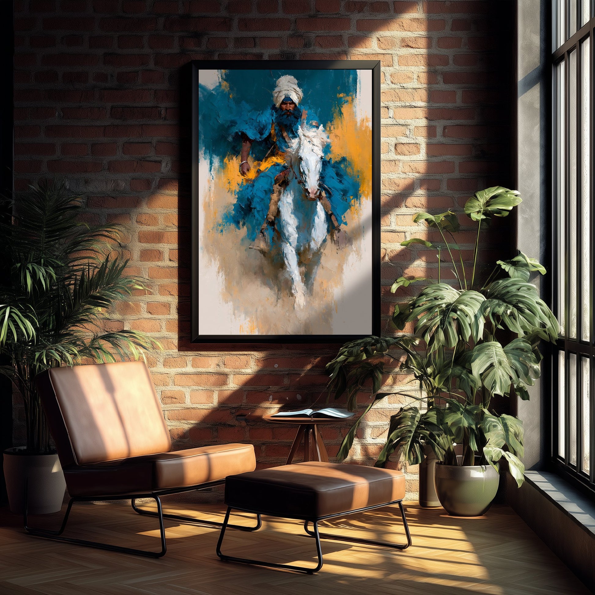 Nihang Sikh Warrior Art Print - Horseback Painting - Singh Rider Poster V5
