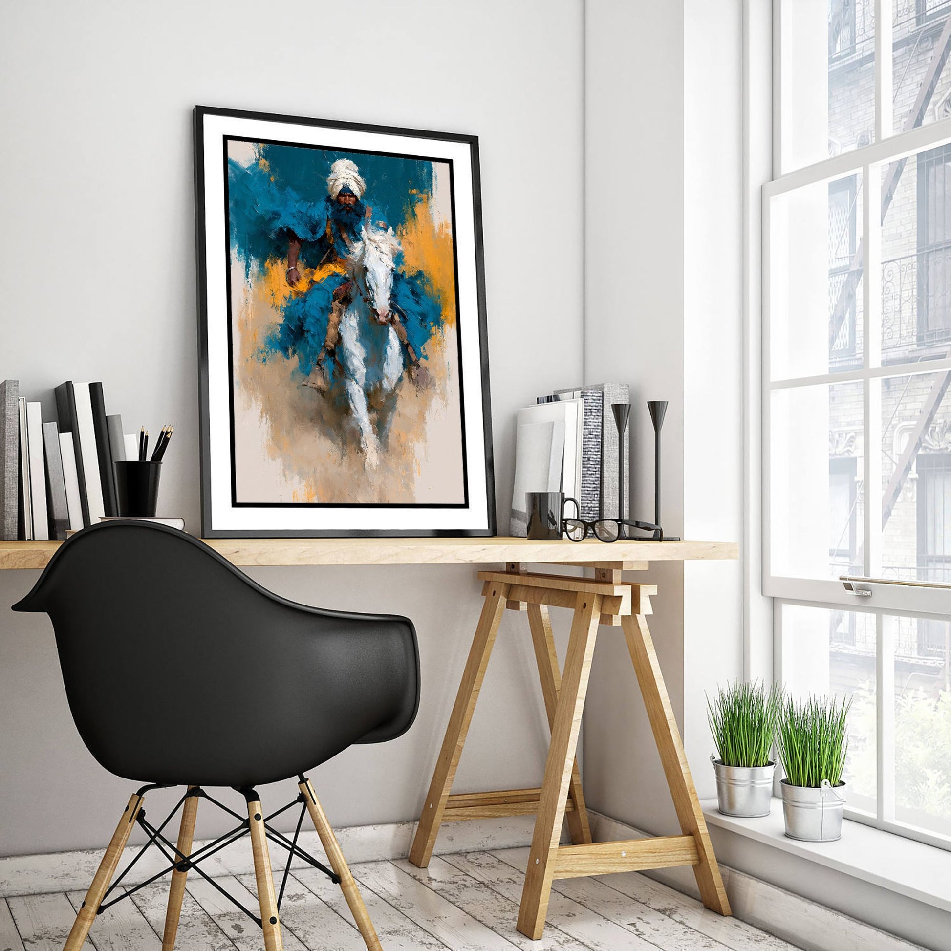 Nihang Sikh Warrior Art Print - Horseback Painting - Singh Rider Poster V5
